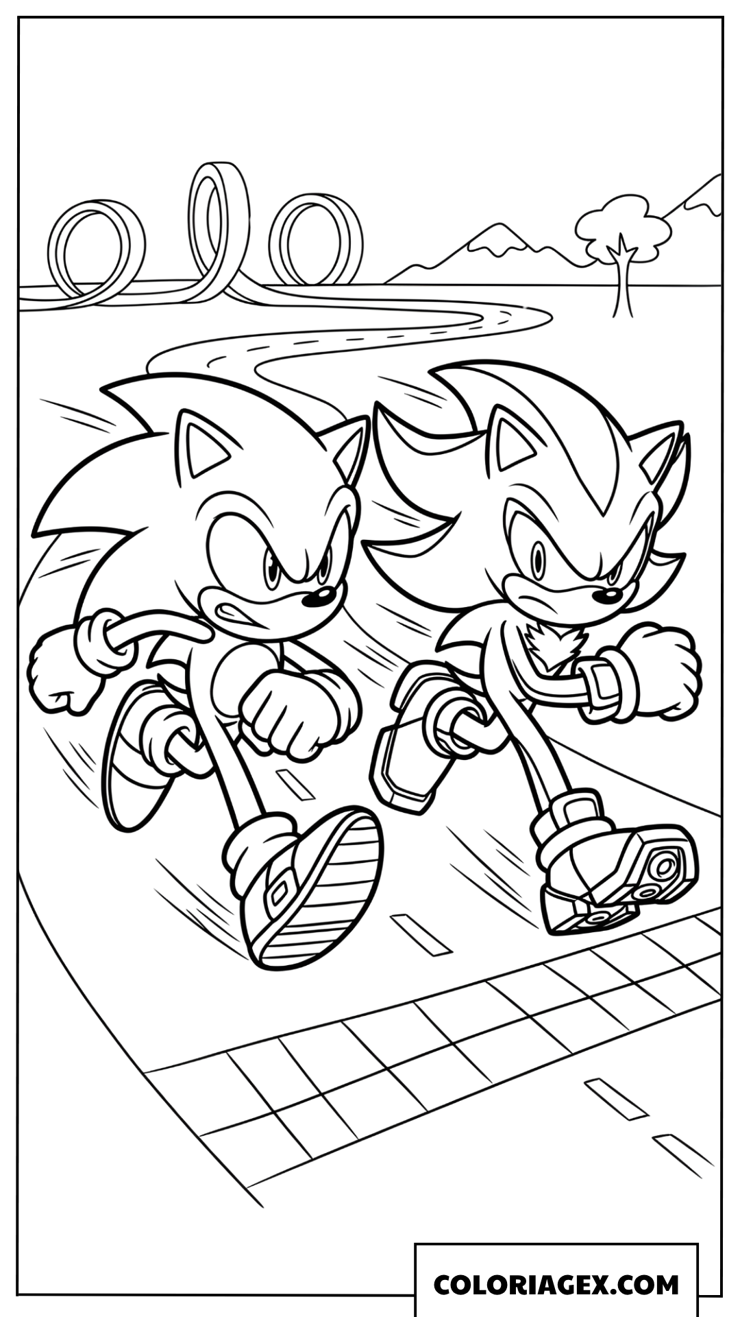 Coloriage Sonic et Shadow courent en duel