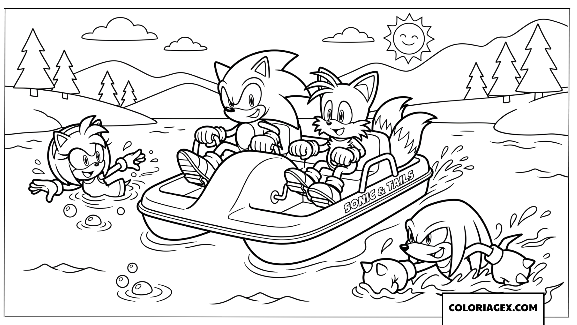 Coloriage Sonic et Tails en pedalo pendant l ete