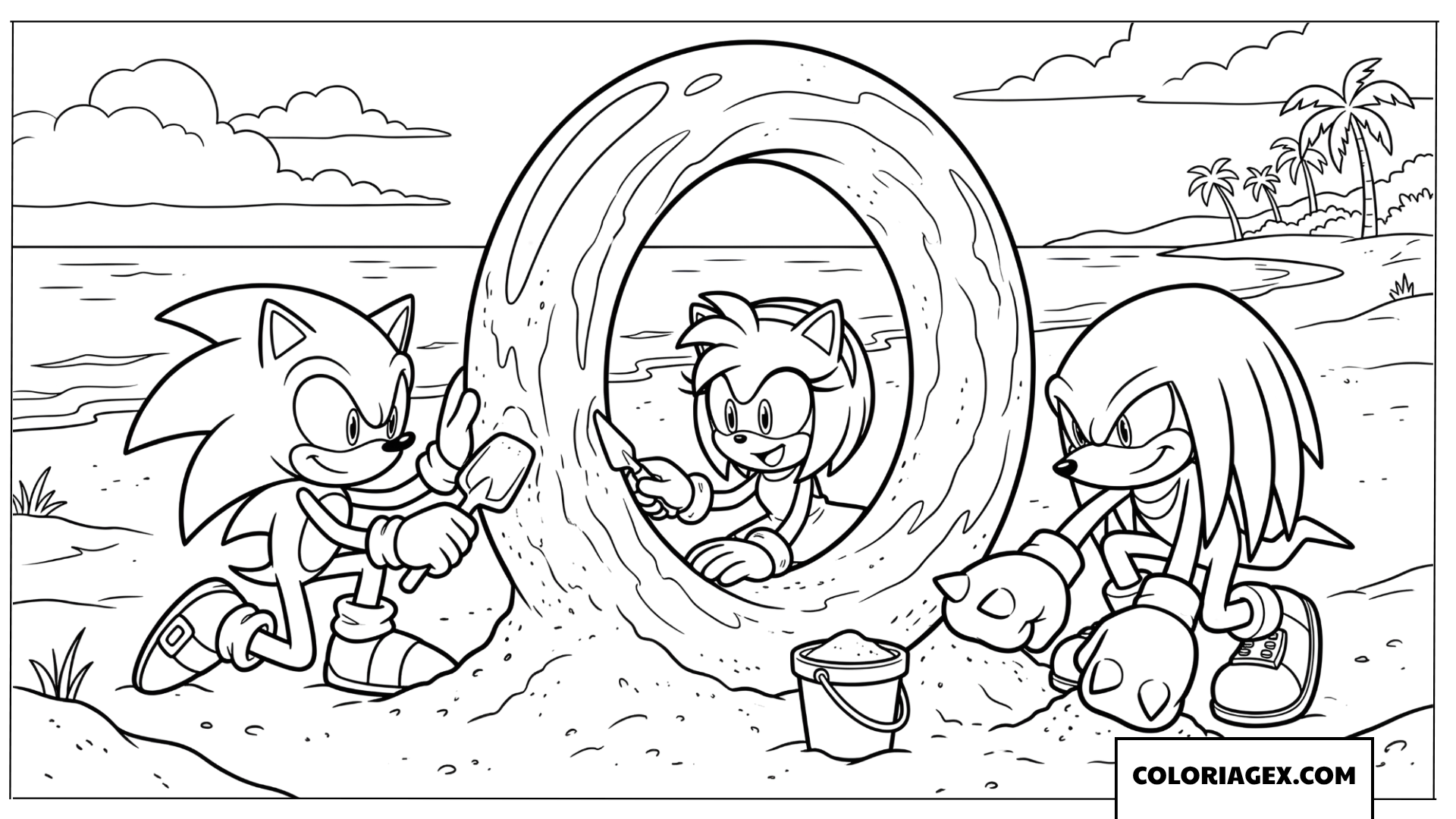 Coloriage Sonic et ses amis construisent un chateau de sable