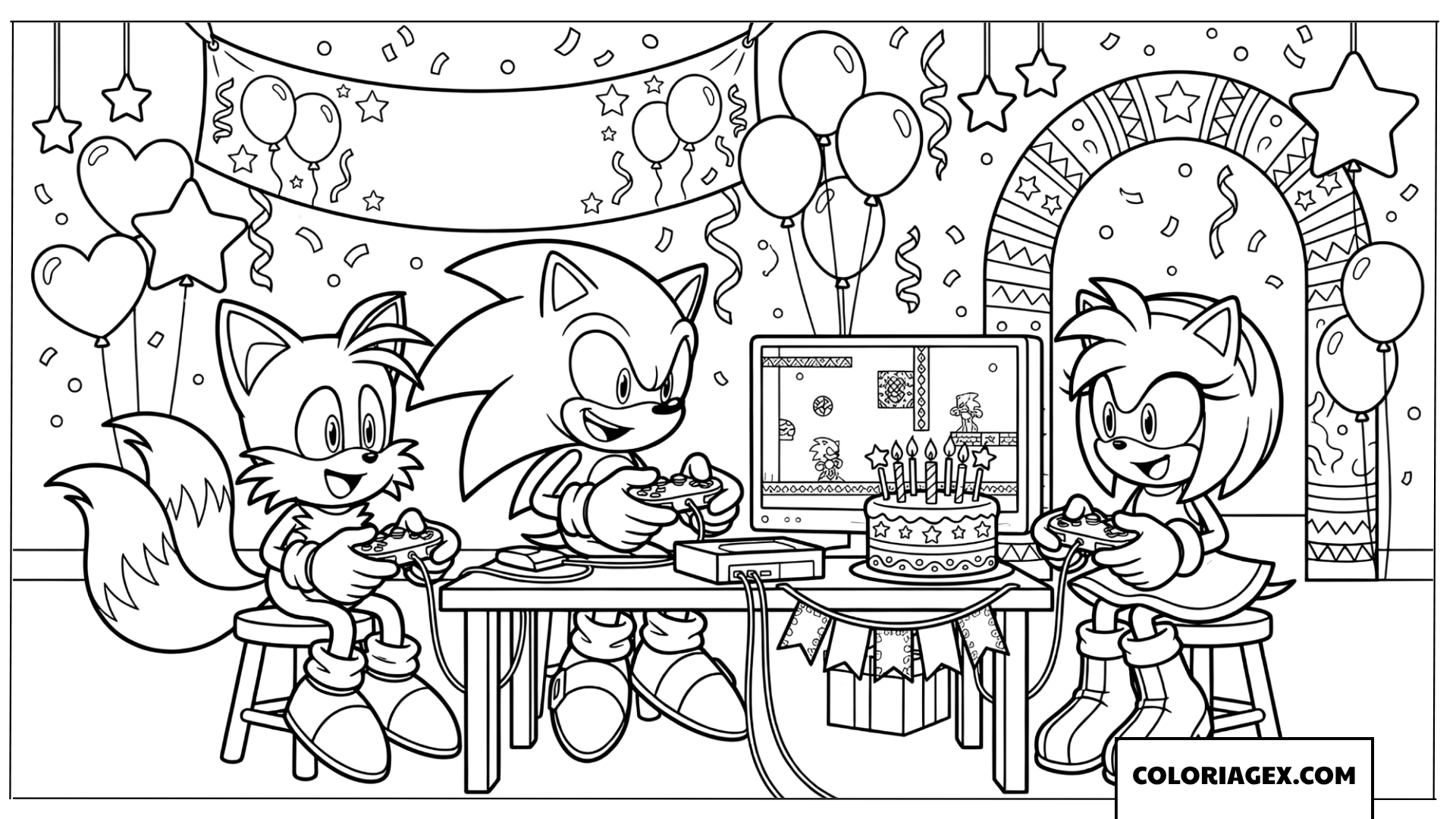 Coloriage Sonic et ses amis jouant aux jeux video anniversaire