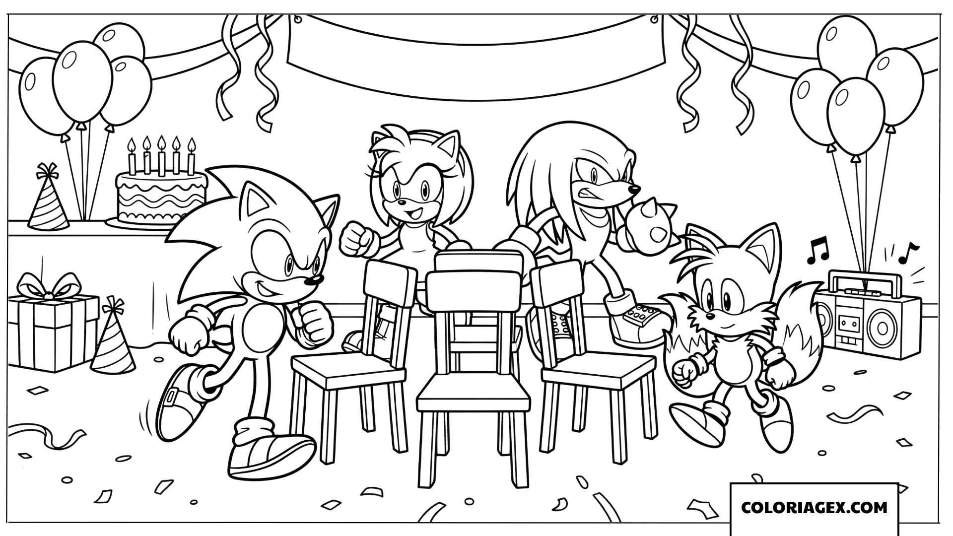 Coloriage Sonic et ses amis jouent aux jeux danniversaire