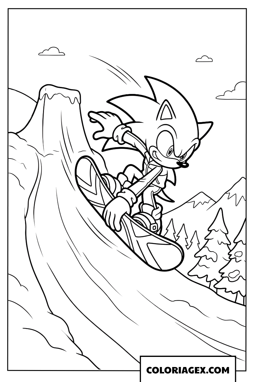 Coloriage Sonic fait du snowboard en hiver