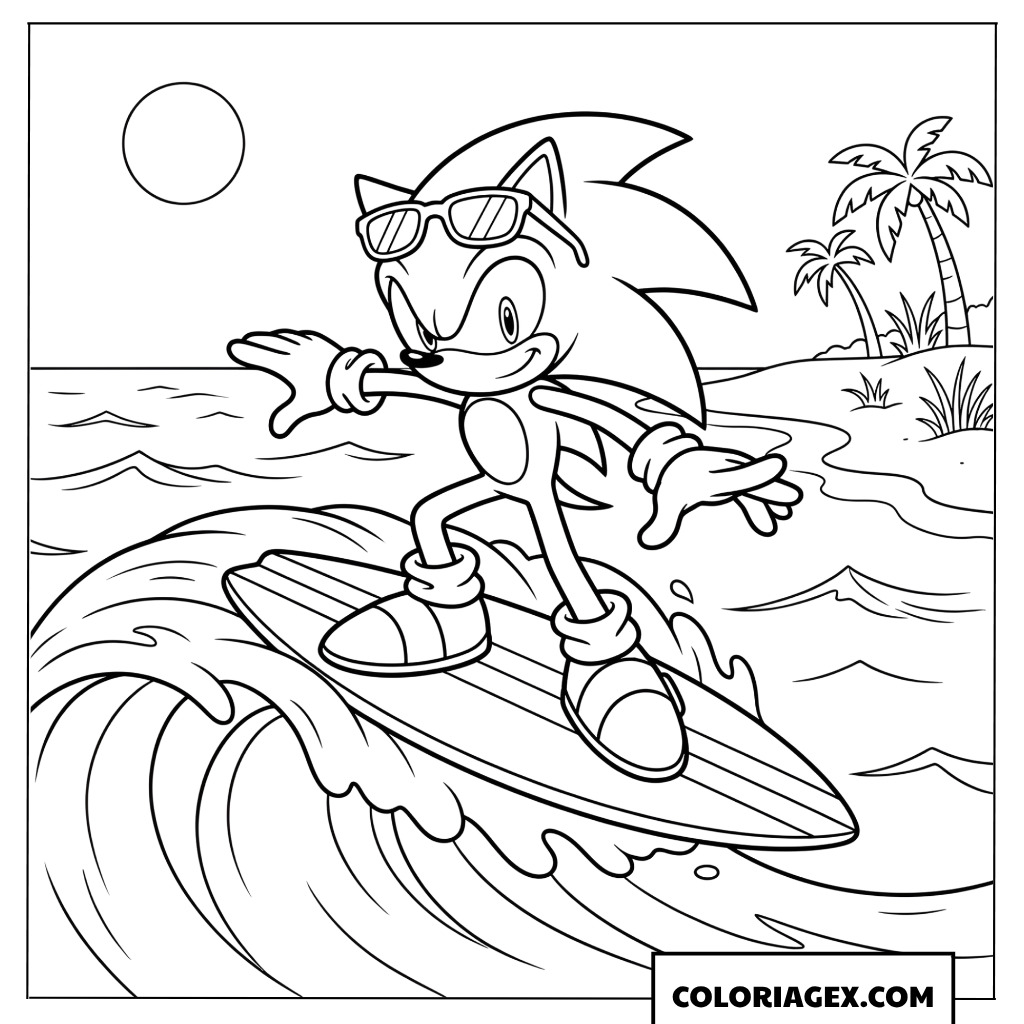 Coloriage Sonic fait du surf sur la mer