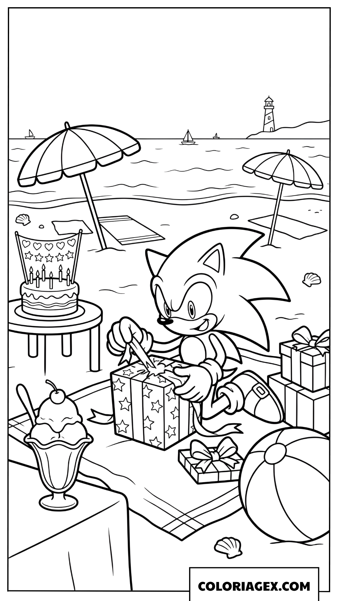 Coloriage Sonic ouvre ses cadeaux danniversaire en ete a la plage