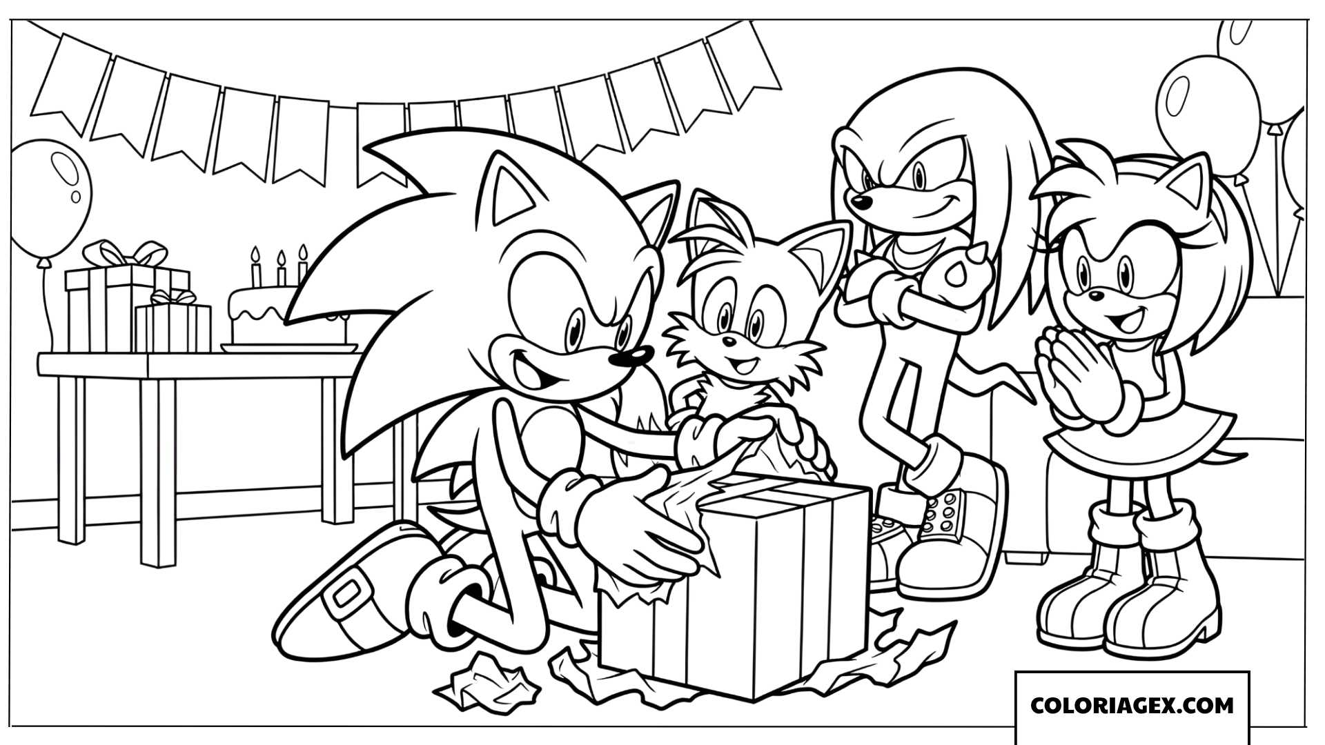 Coloriage Sonic ouvre ses cadeaux danniversaire