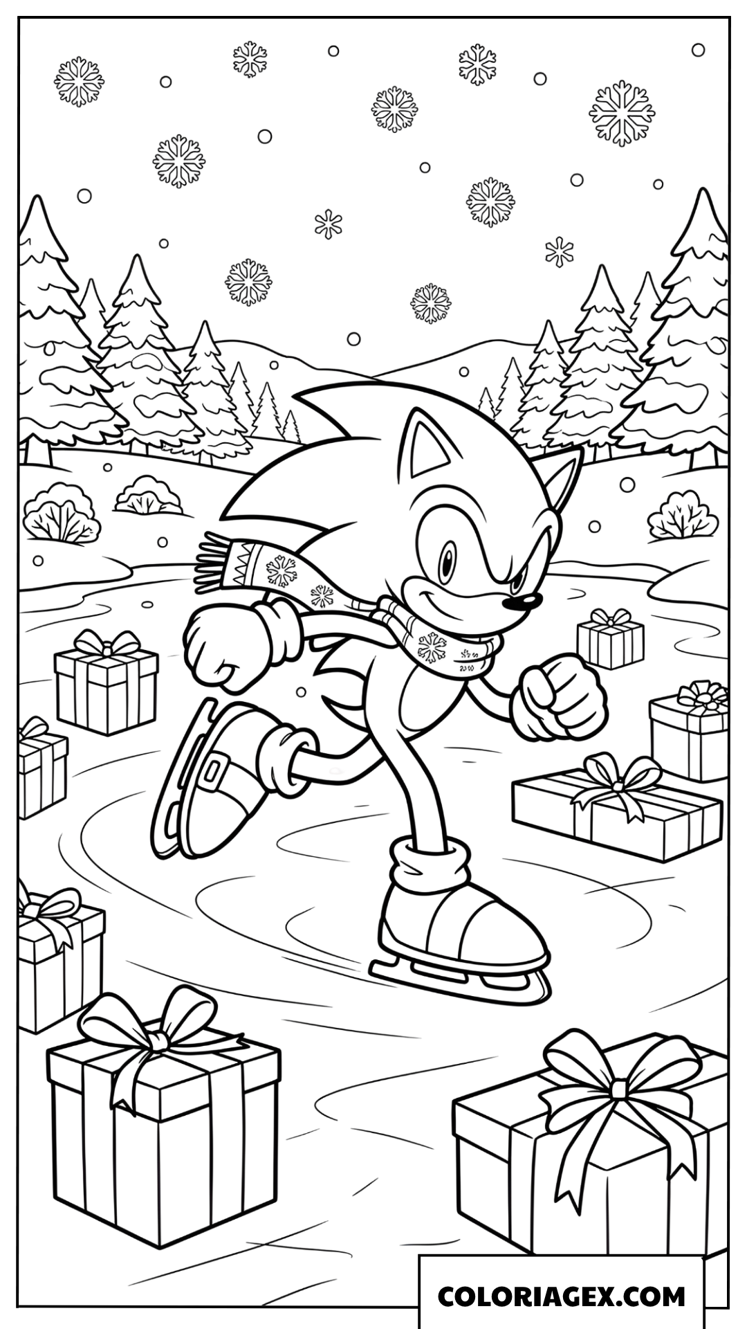 Coloriage Sonic patine sur glace en hiver pour son anniversaire