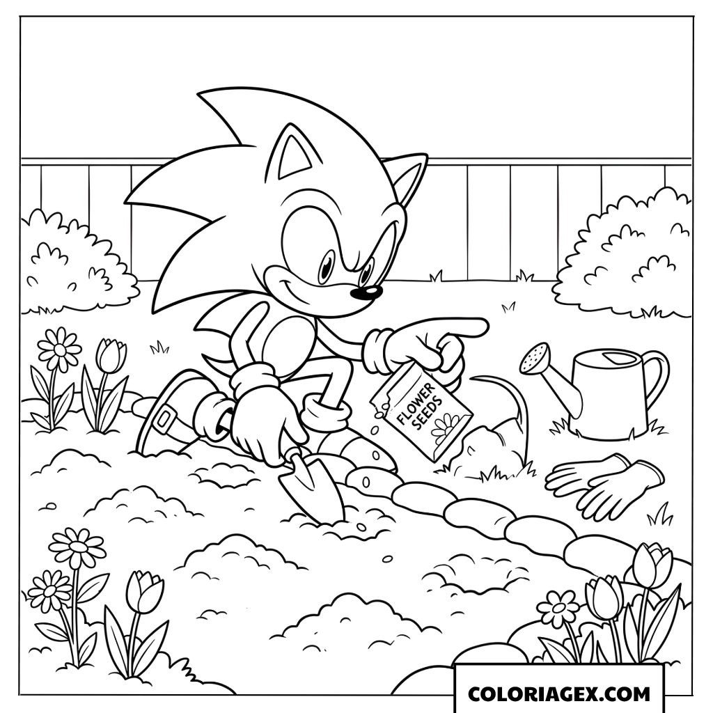 Coloriage Sonic plante des graines de fleurs au printemps