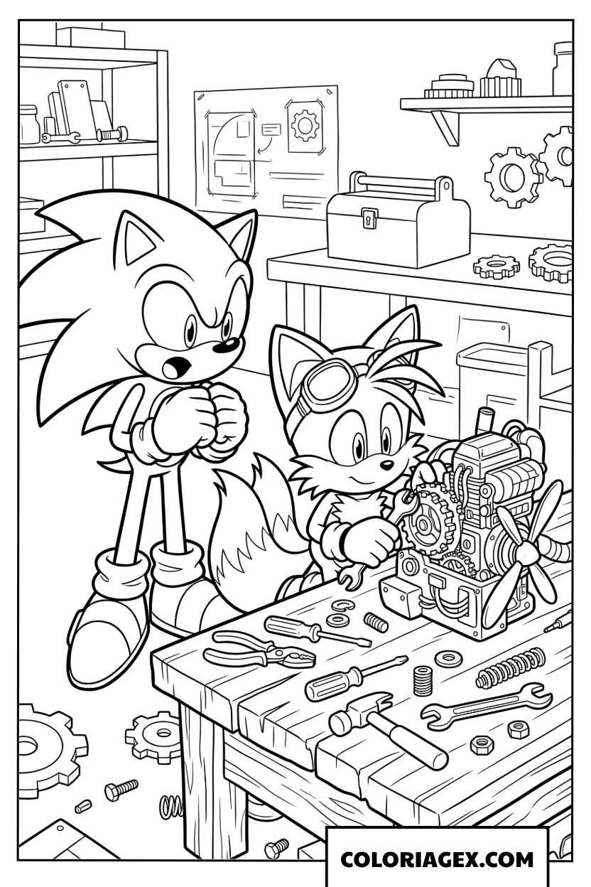 Coloriage Sonic regardant Tails reparer une machine
