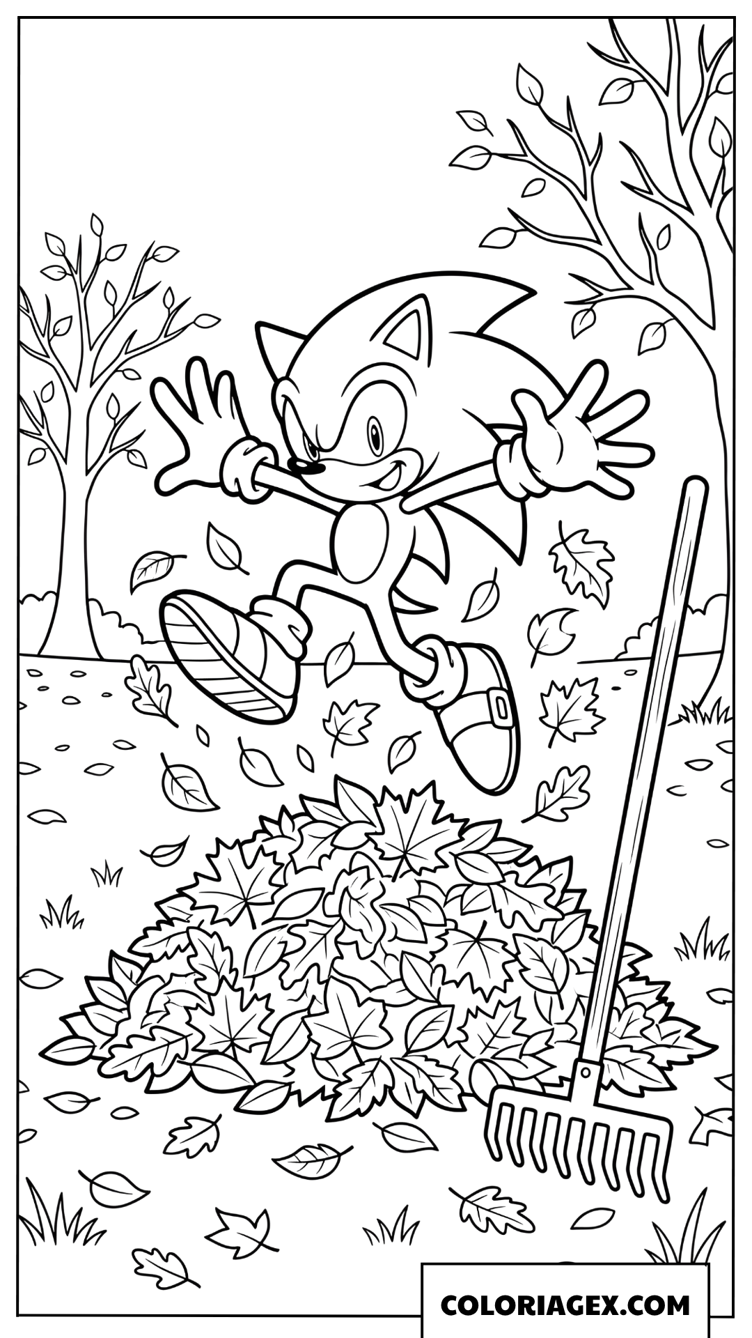 Coloriage Sonic sautant dans les feuilles dautomne