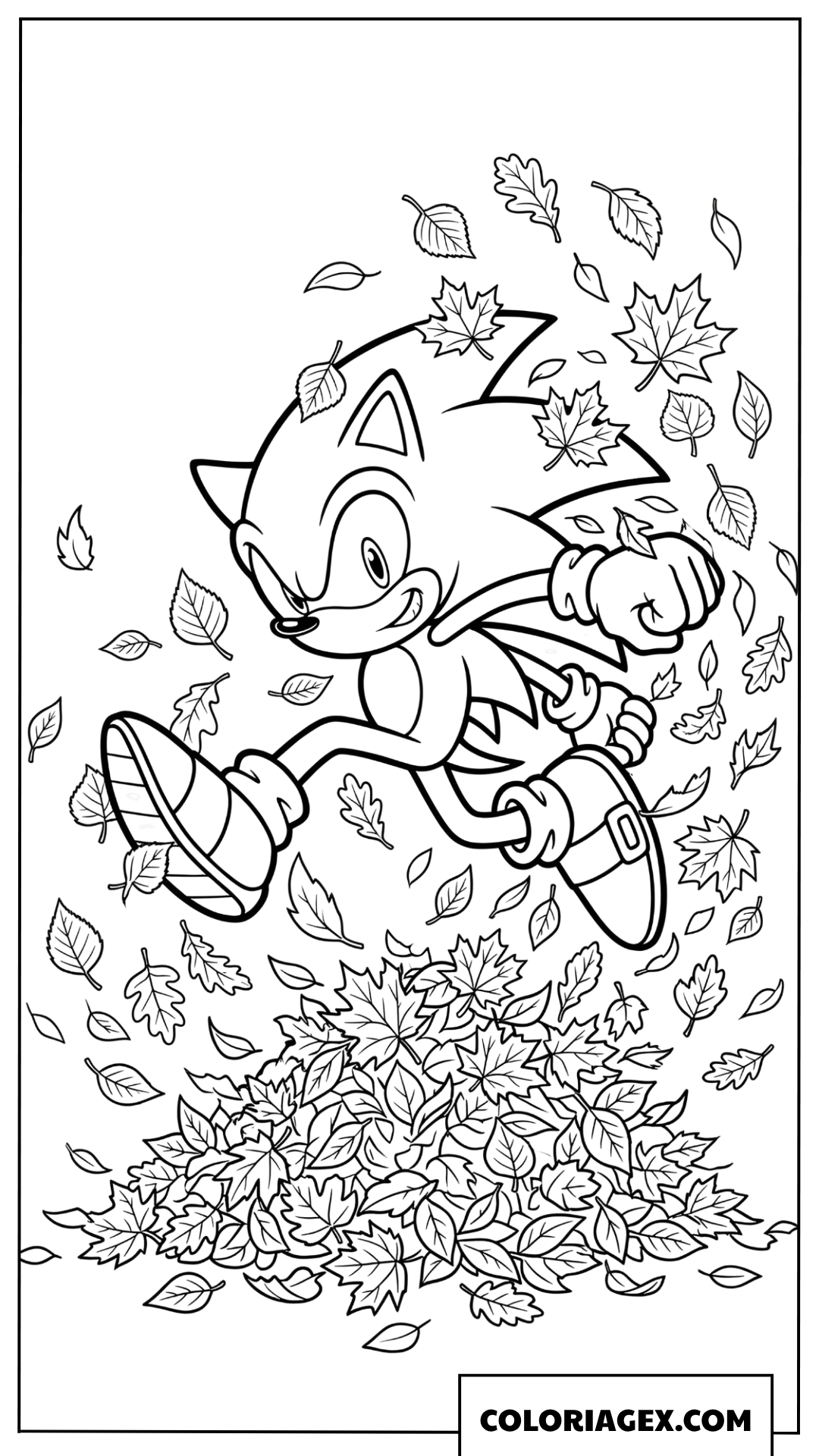 Coloriage Sonic saute dans un tas de feuilles dautomne