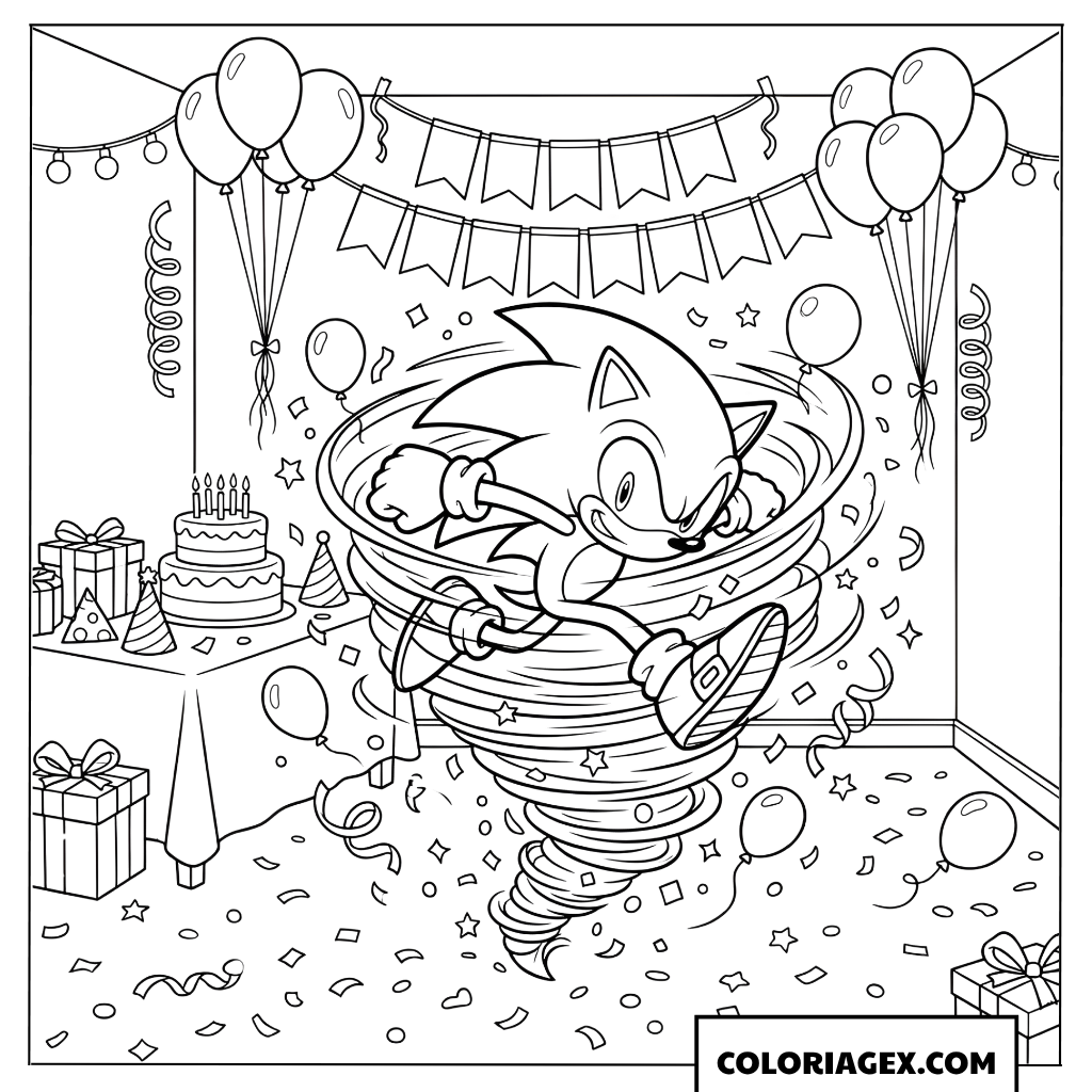 Coloriage Sonic tourne a toute vitesse pendant la fete danniversaire