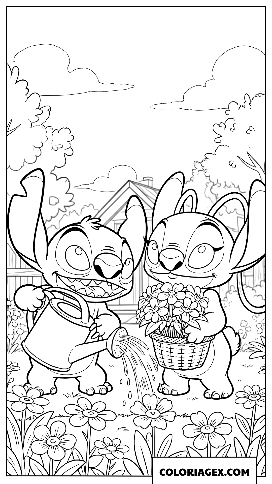 Coloriage Stitch arrosant les fleurs avec Angel