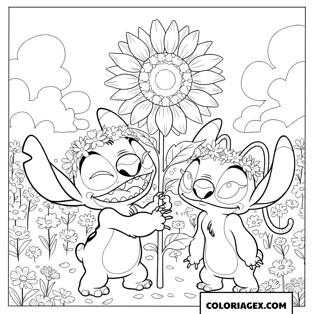 Coloriage Stitch avec un tournesol géant