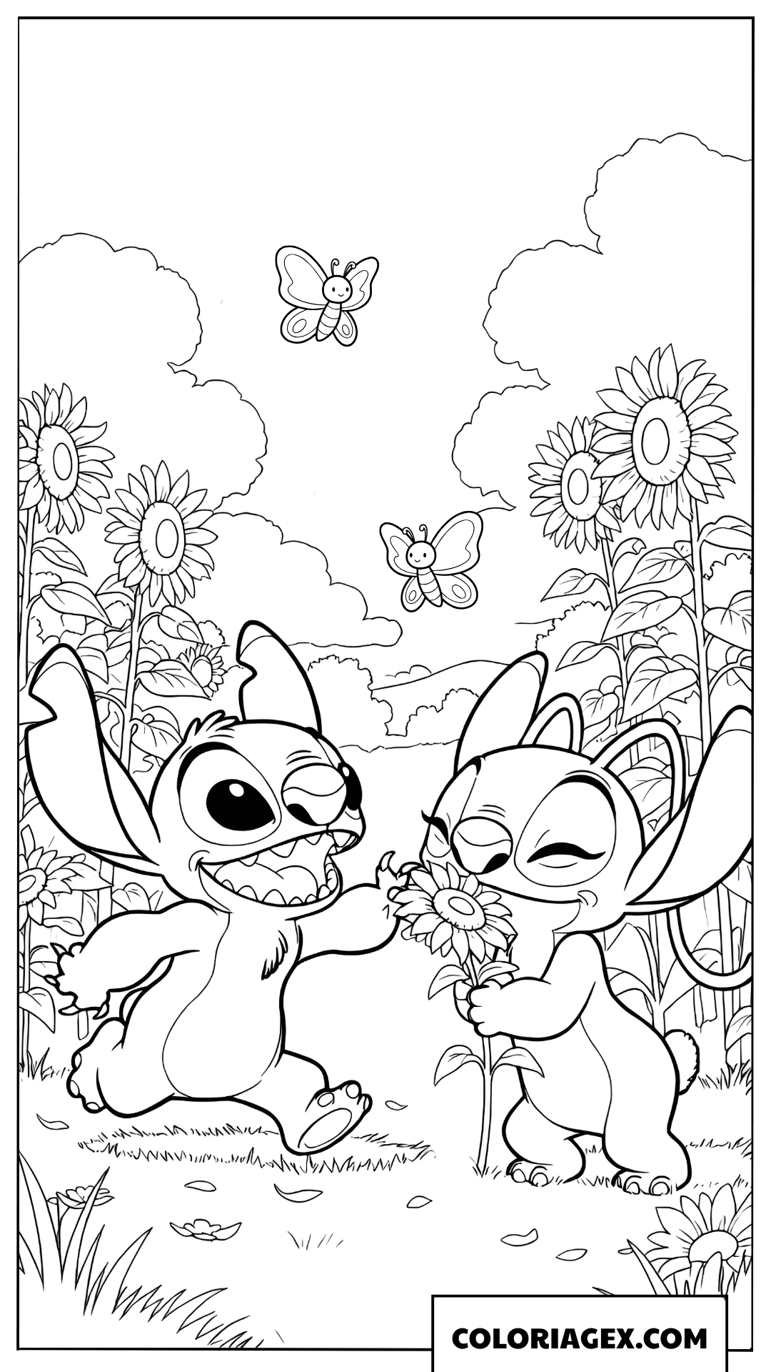 Coloriage Stitch et Angel chassant des papillons