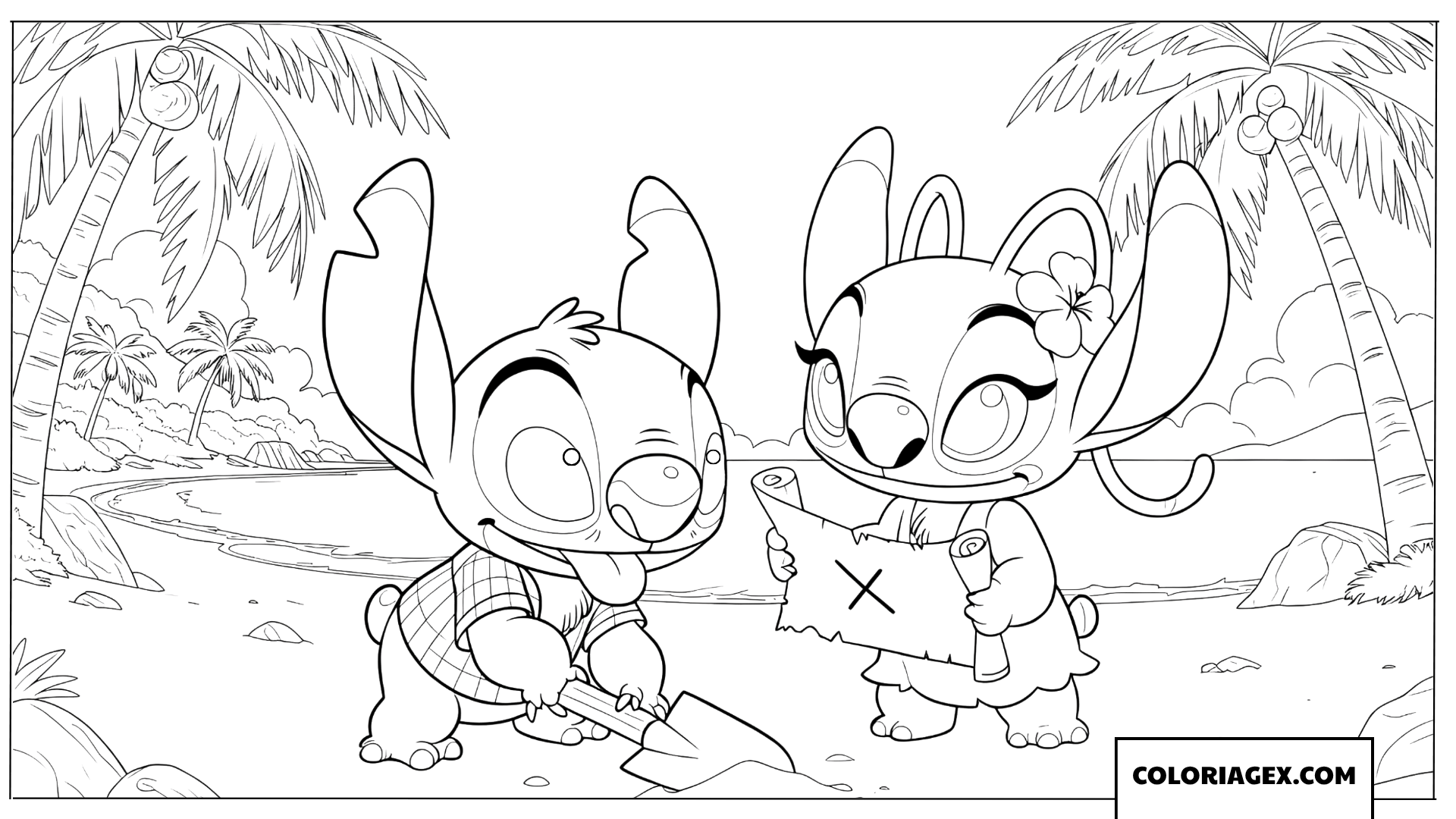 Coloriage Stitch et Angel cherchent un trésor