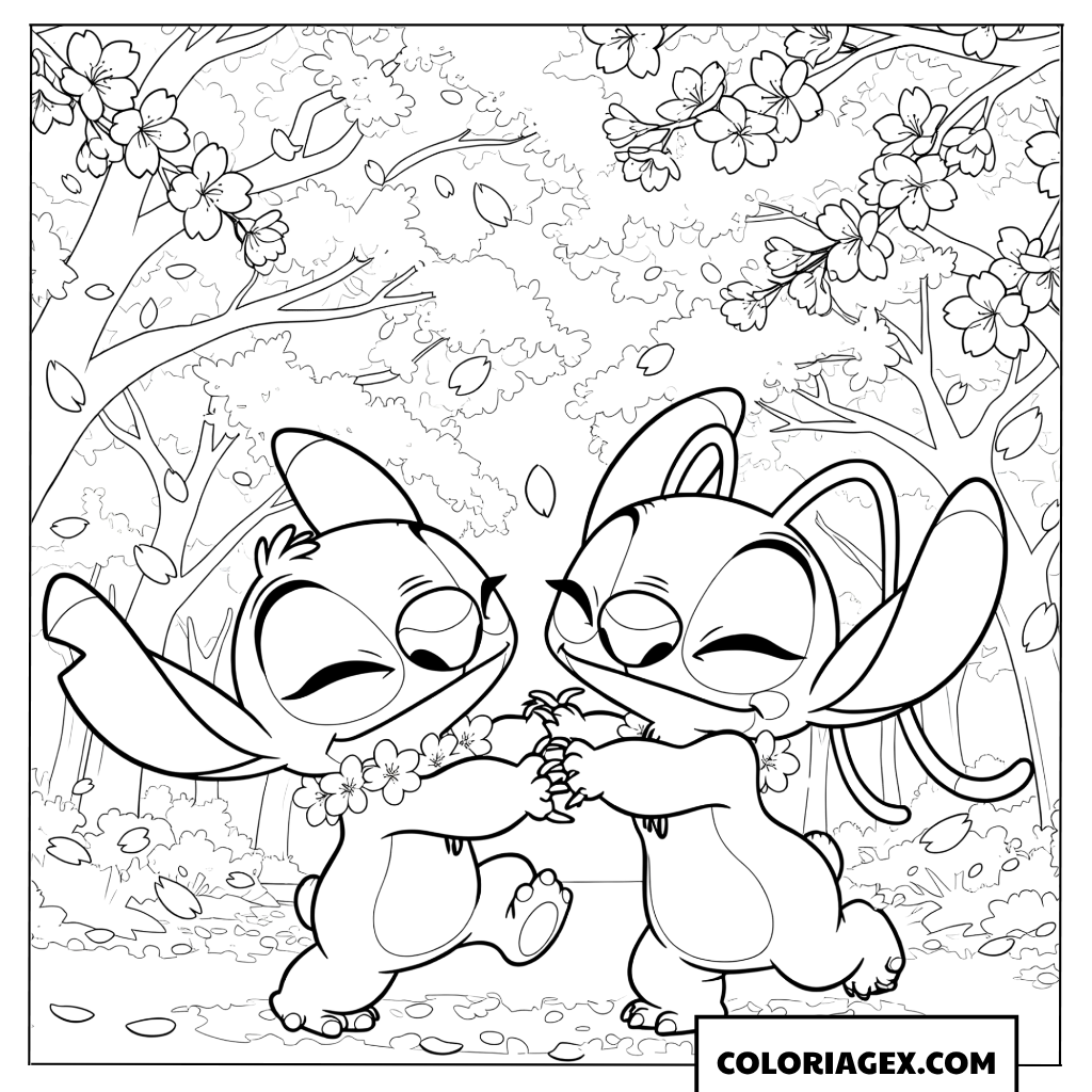 Coloriage Stitch et Angel cueillent des fleurs