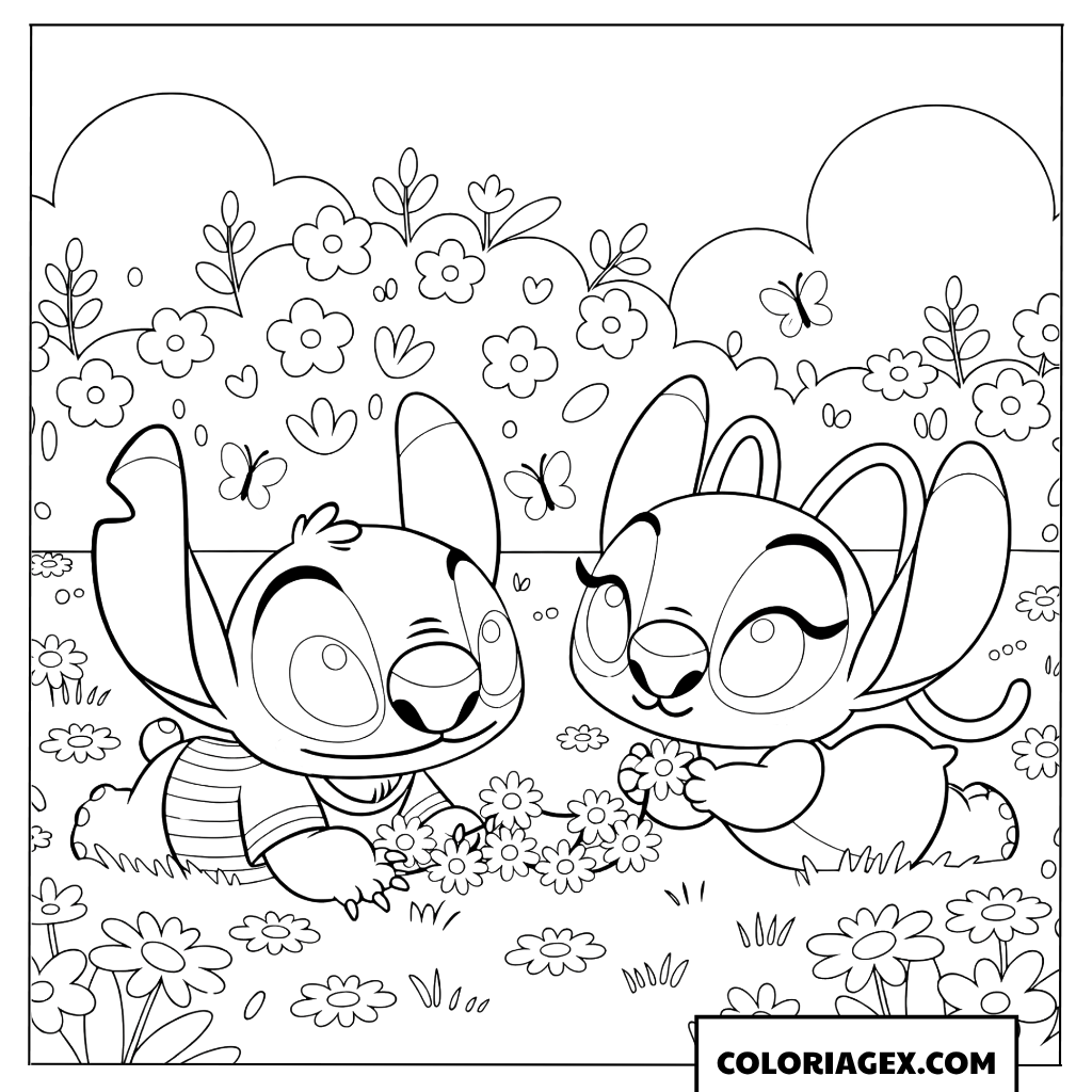 Coloriage Stitch et Angel dans un champ de fleurs
