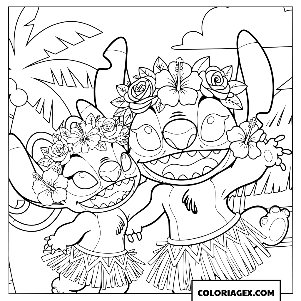 Coloriage Stitch et Angel dansant à la hawaïenne