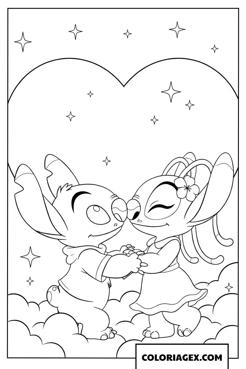 Coloriage Stitch et Angel dansent dans les nuages