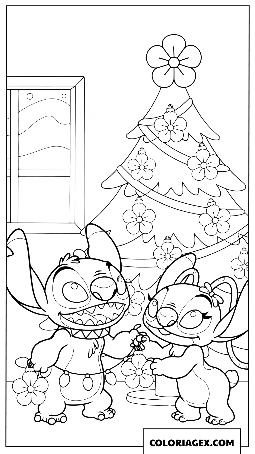 Coloriage Stitch et Angel décorant le sapin