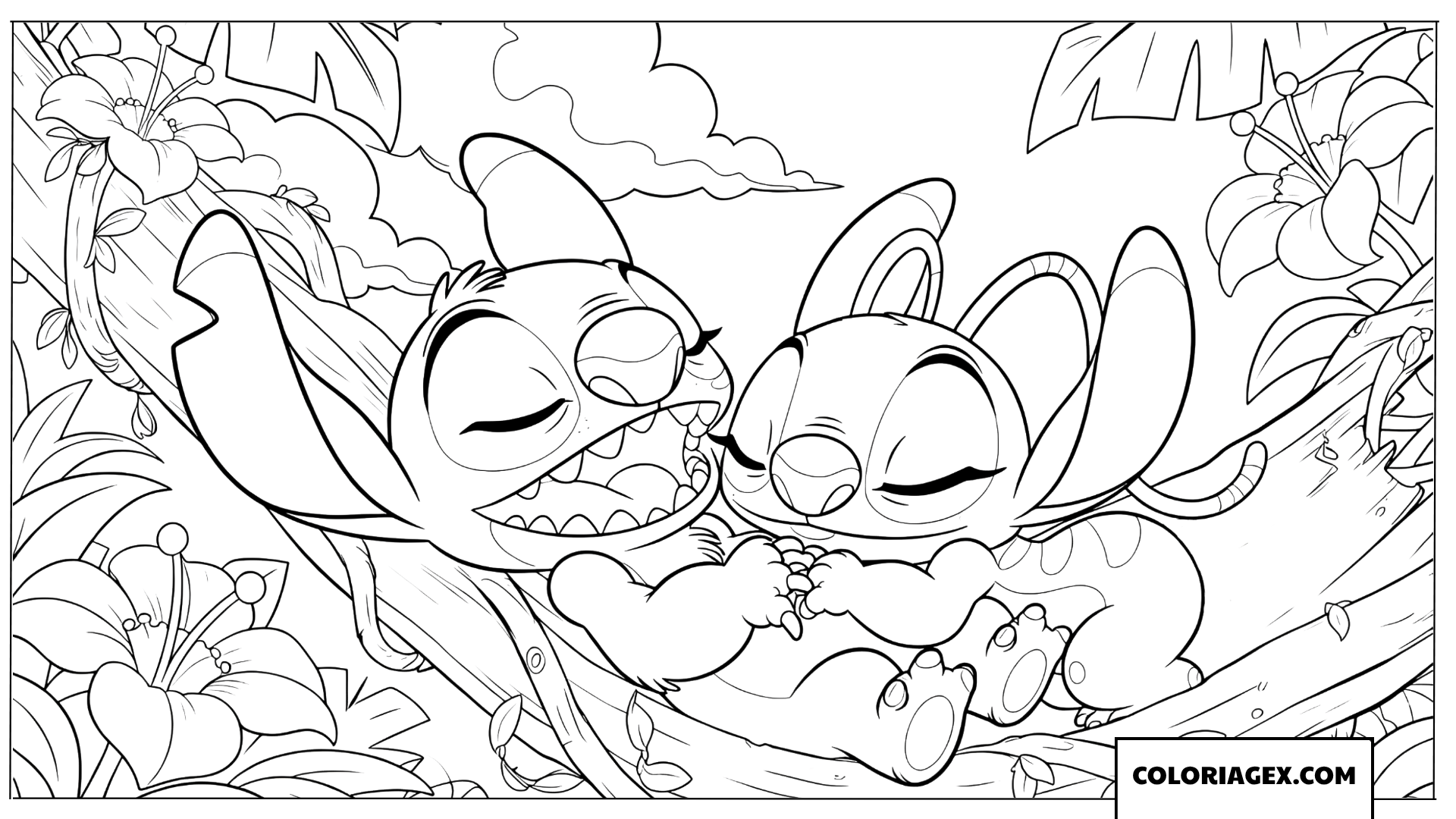Coloriage Stitch et Angel dormant dans un hamac