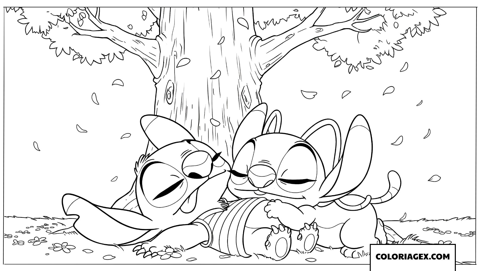Coloriage Stitch et Angel dormant sous un arbre