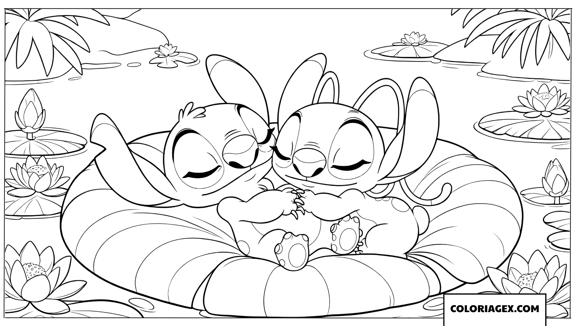 Coloriage Stitch et Angel dormant sur une bouée