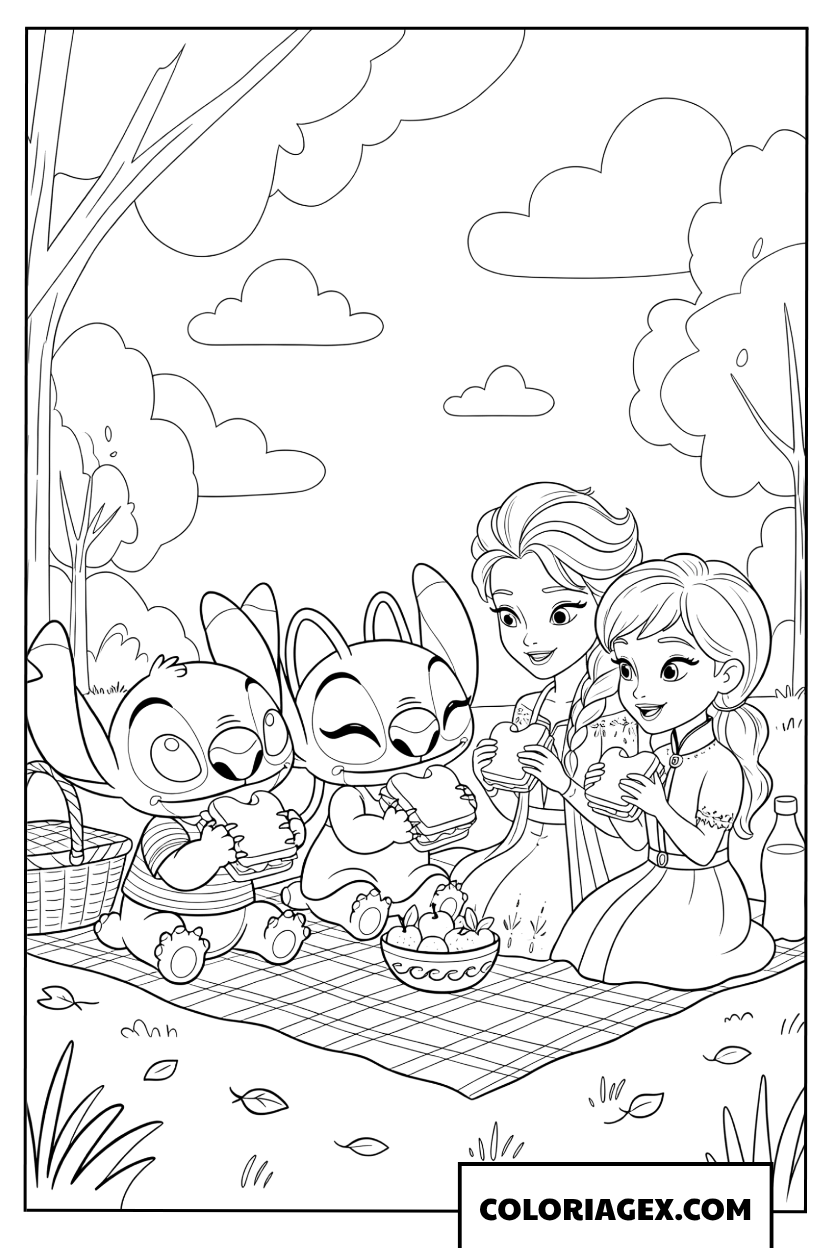 Coloriage Stitch et Angel en pique-nique avec Elsa et Anna