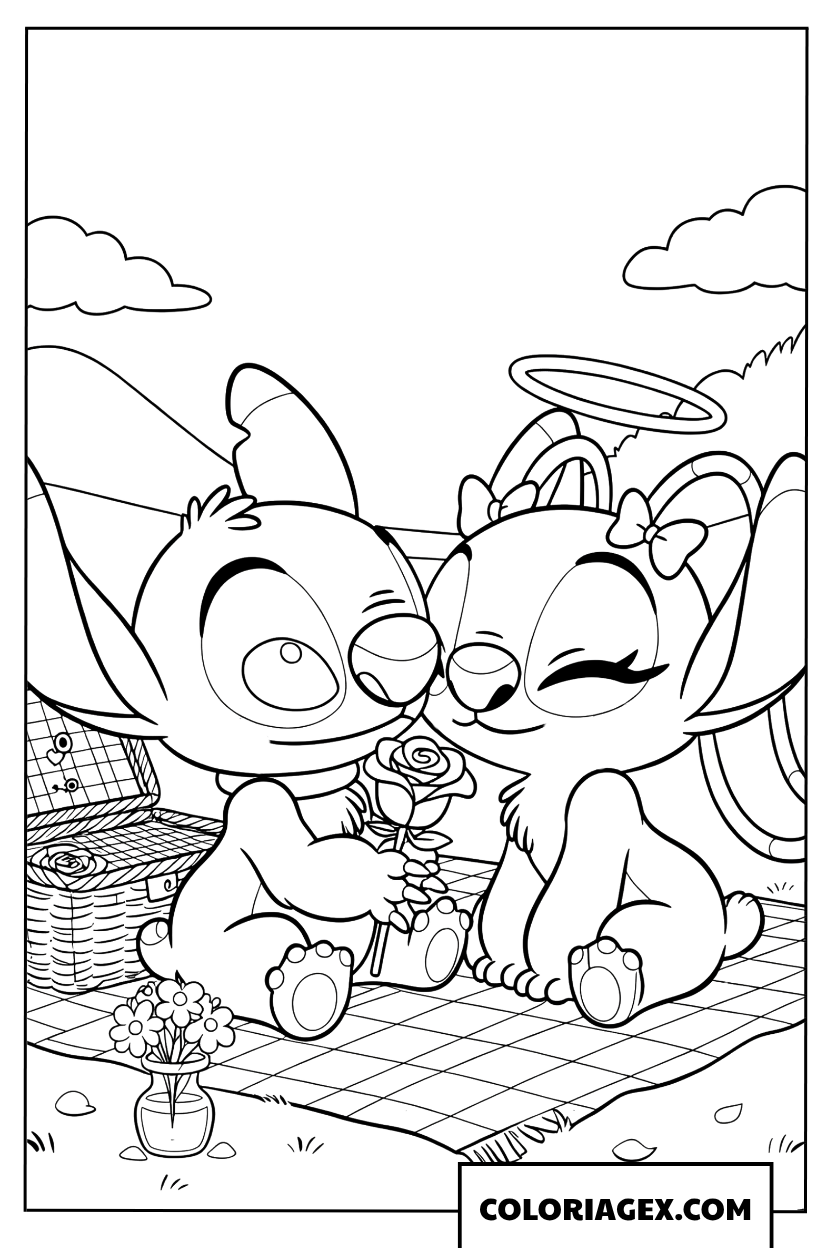 Coloriage Stitch et Angel en pique-nique