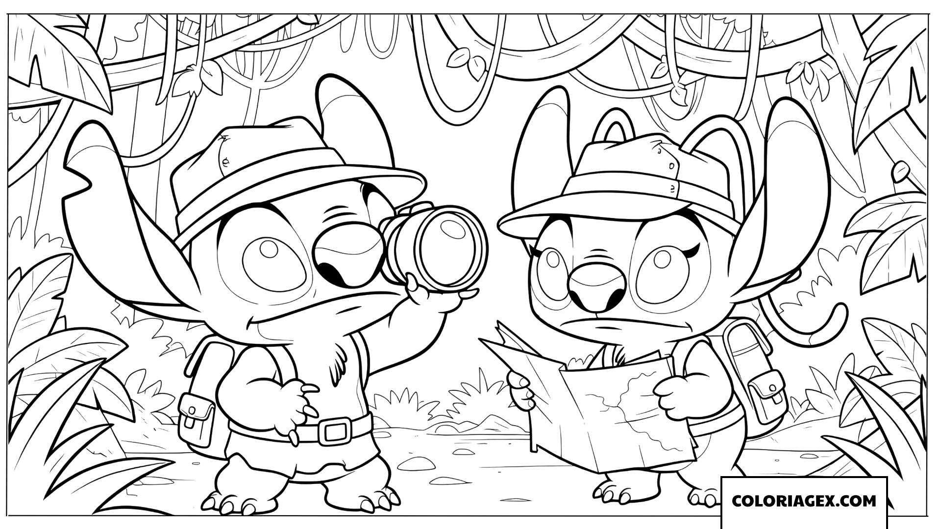 Coloriage Stitch et Angel explorent la jungle