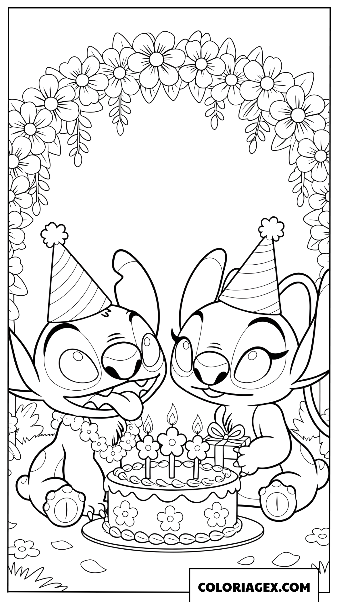 Coloriage Stitch et Angel fêtant un anniversaire