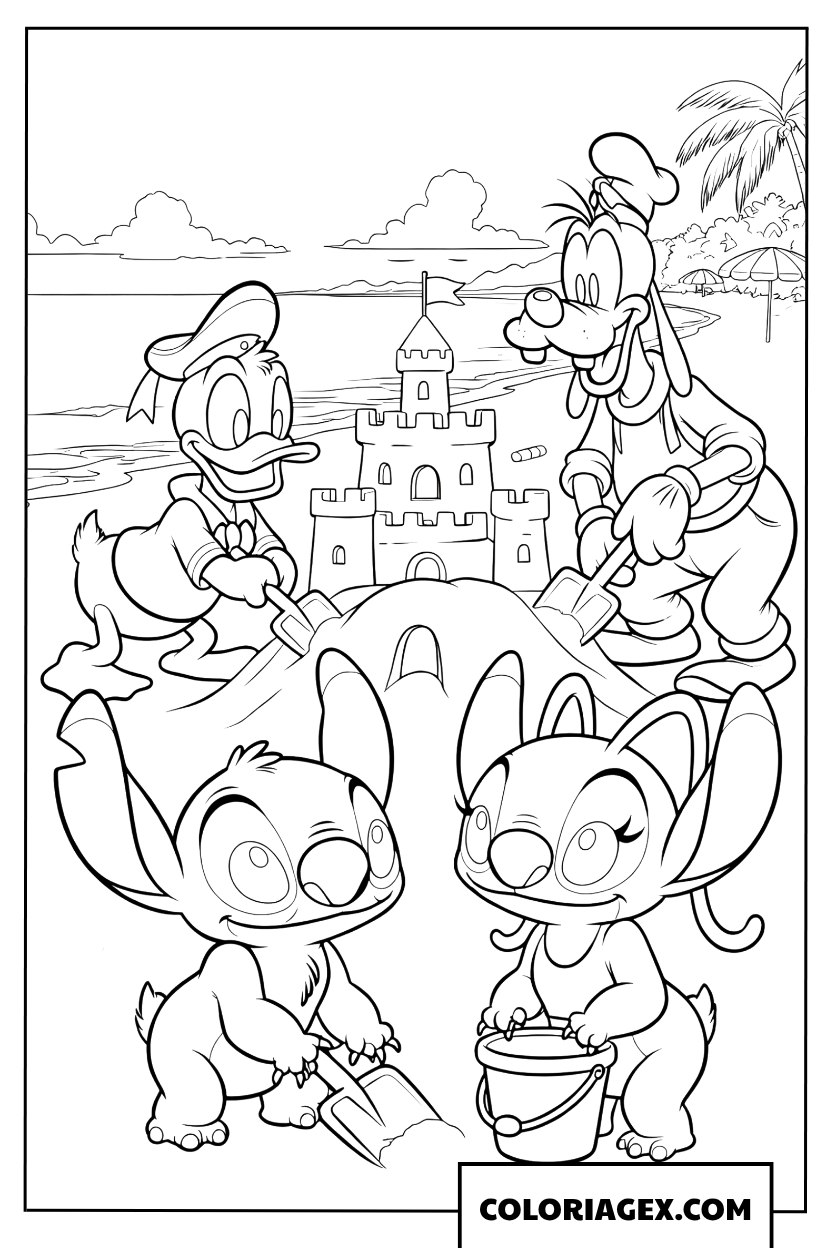 Coloriage Stitch et Angel font des châteaux de sable avec Donald et Dingo