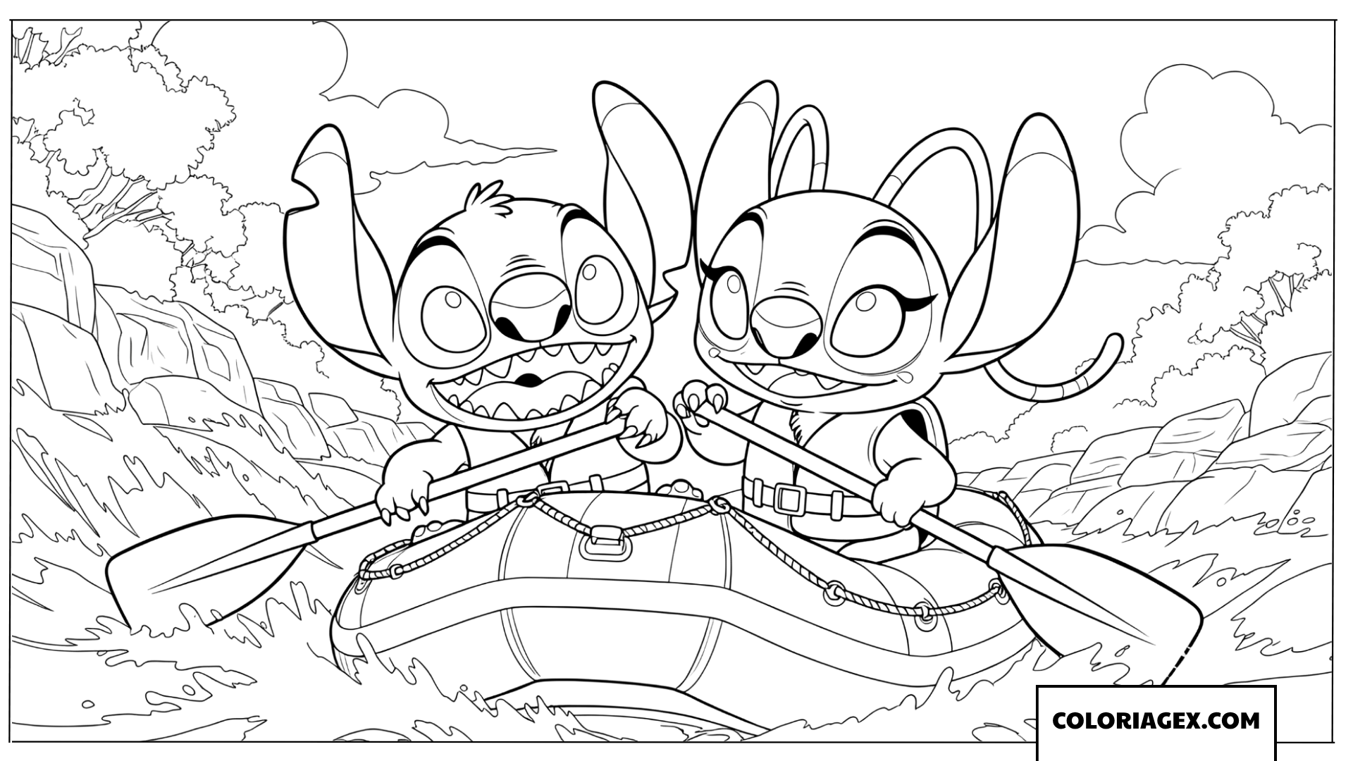 Coloriage Stitch et Angel font du rafting