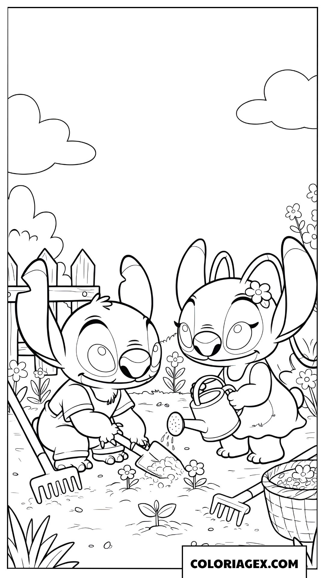 Coloriage Stitch et Angel jardinant