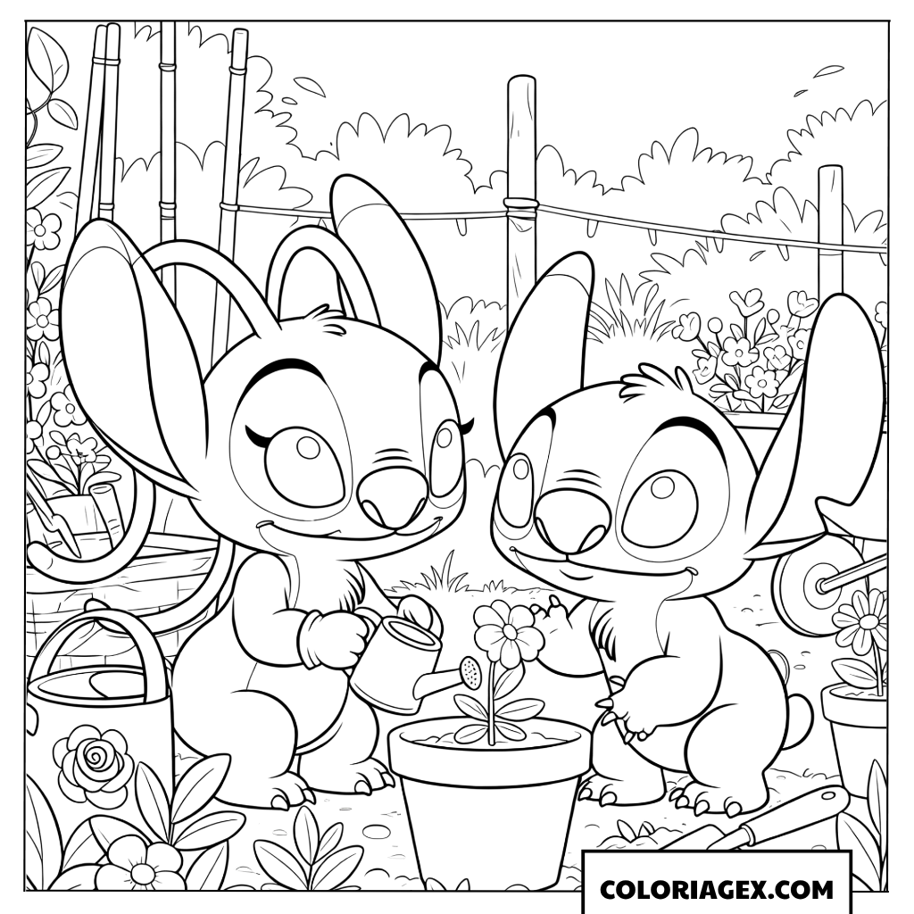 Coloriage Stitch et Angel jardinent ensemble