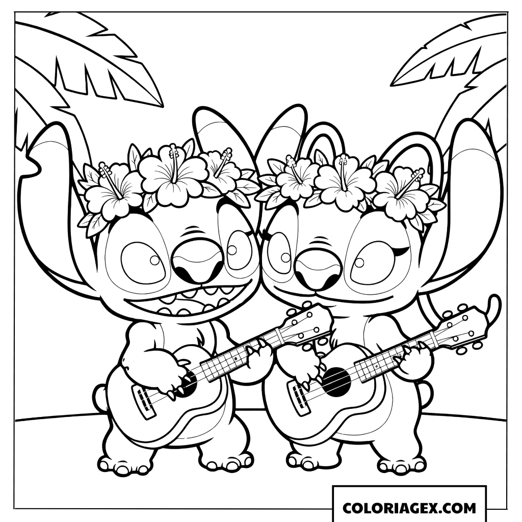 Coloriage Stitch et Angel jouant du ukulélé