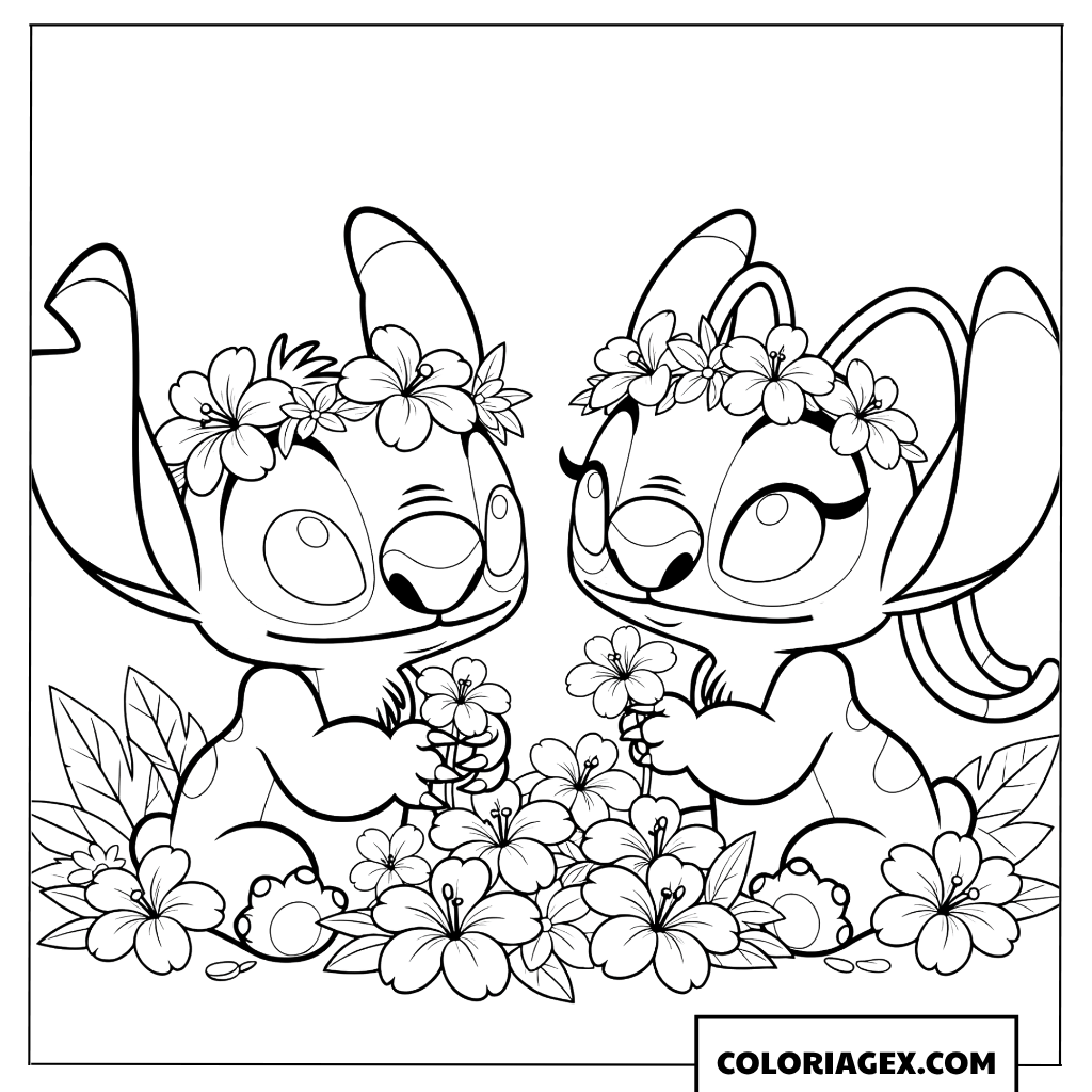 Coloriage Stitch et Angel portant des couronnes de fleurs