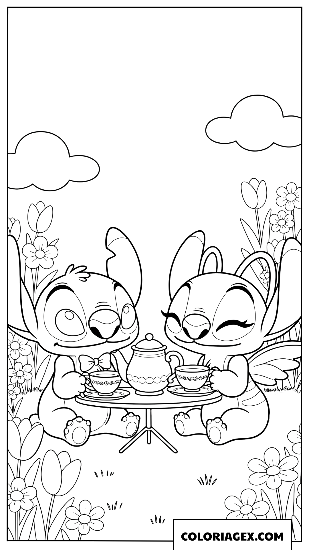 Coloriage Stitch et Angel prenant le thé dans le jardin