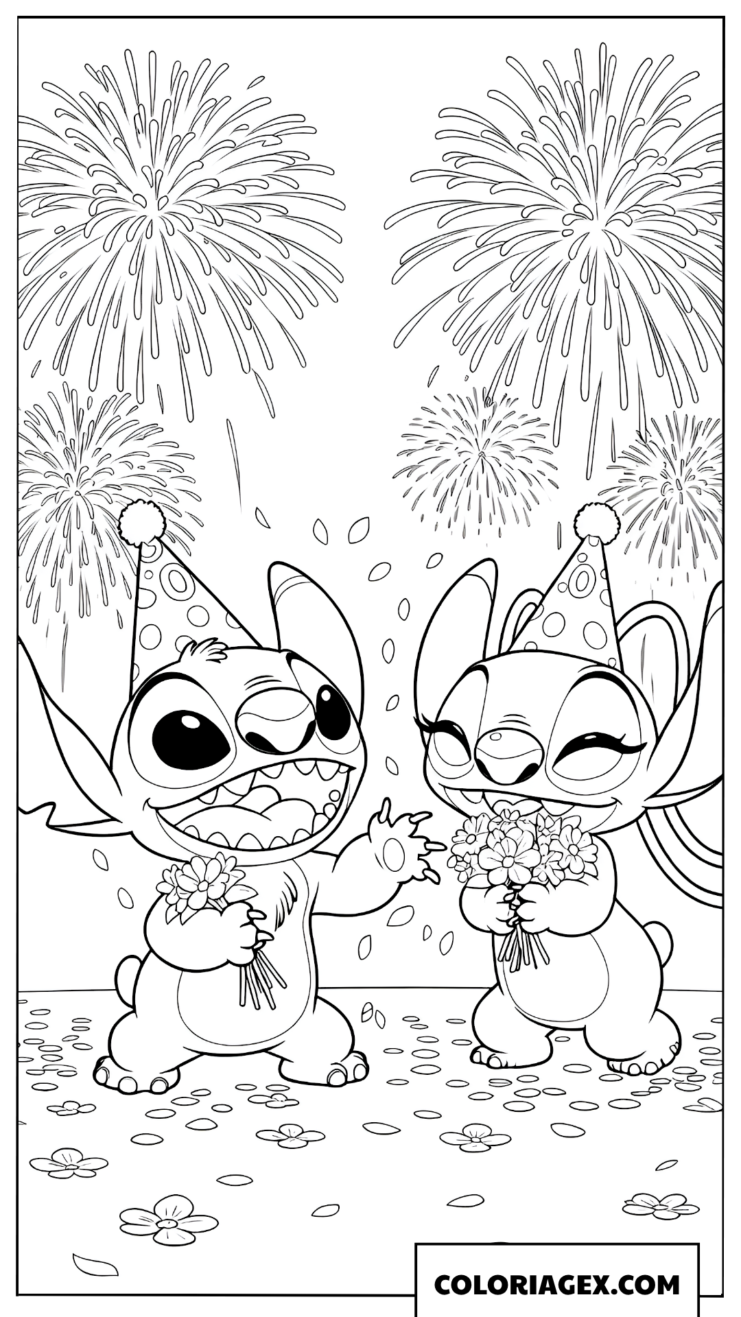 Coloriage Stitch et Angel regardant les feux d’artifice