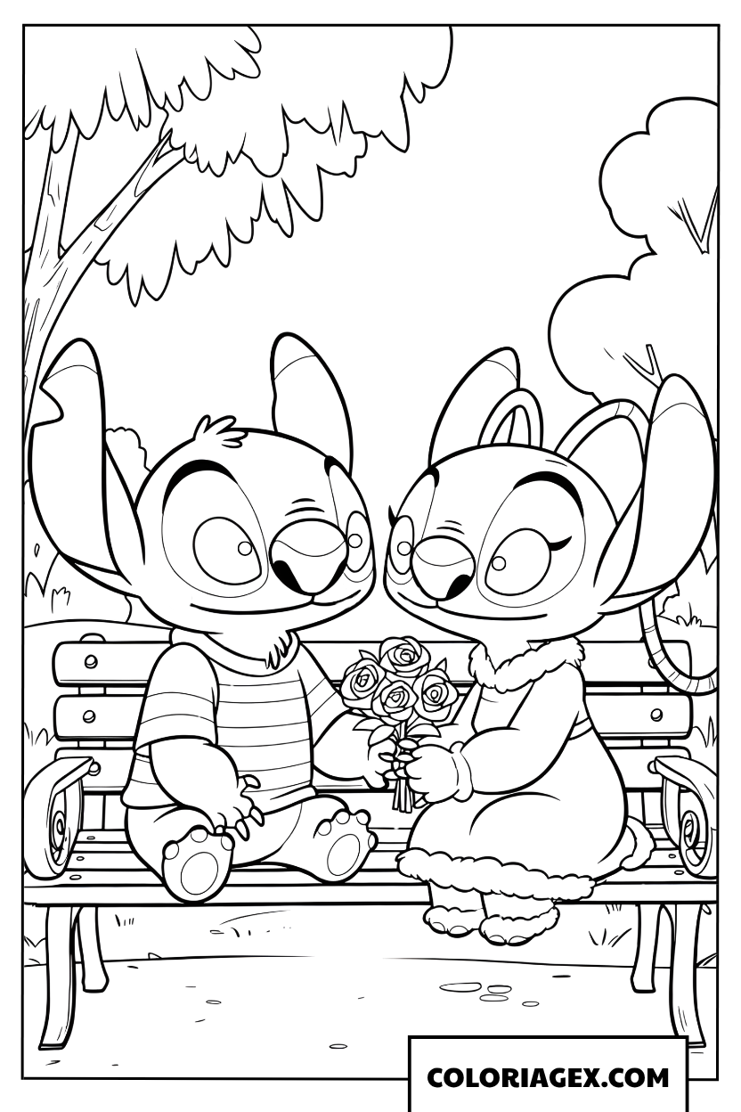 Coloriage Stitch et Angel sur un banc