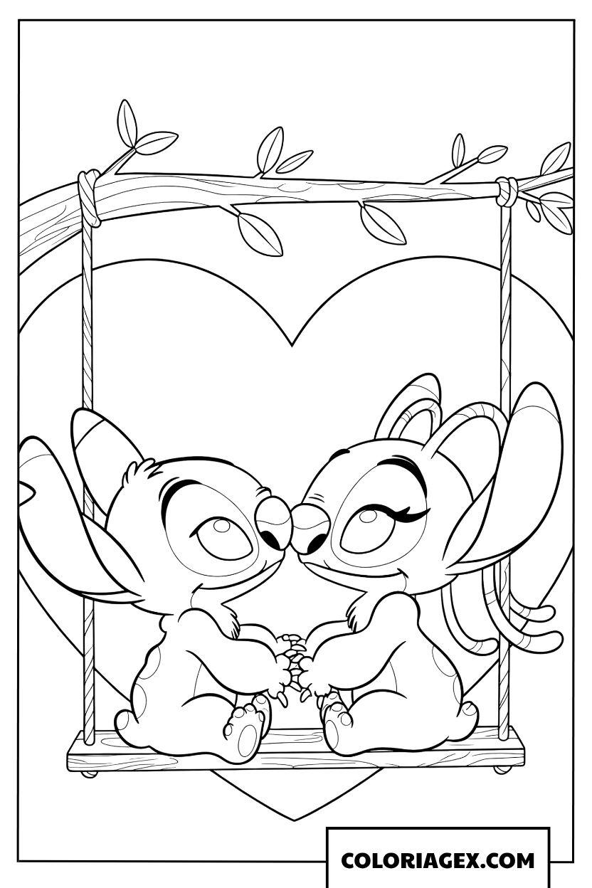 Coloriage Stitch et Angel sur une balançoire