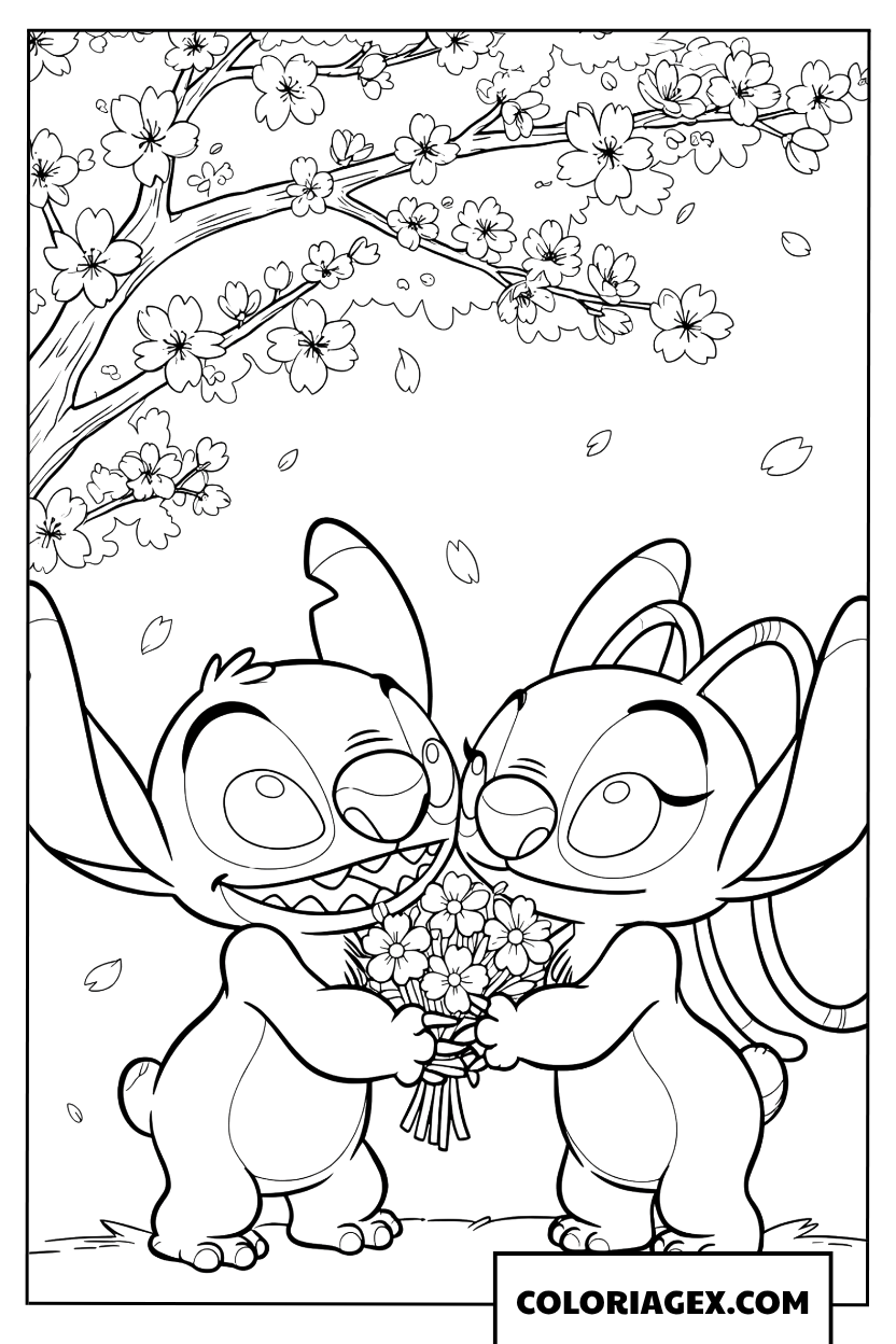 Coloriage Stitch offrant des fleurs à Angel