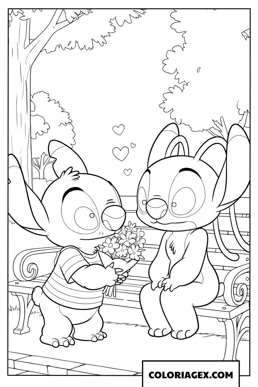 Coloriage Stitch offre des fleurs sur un banc