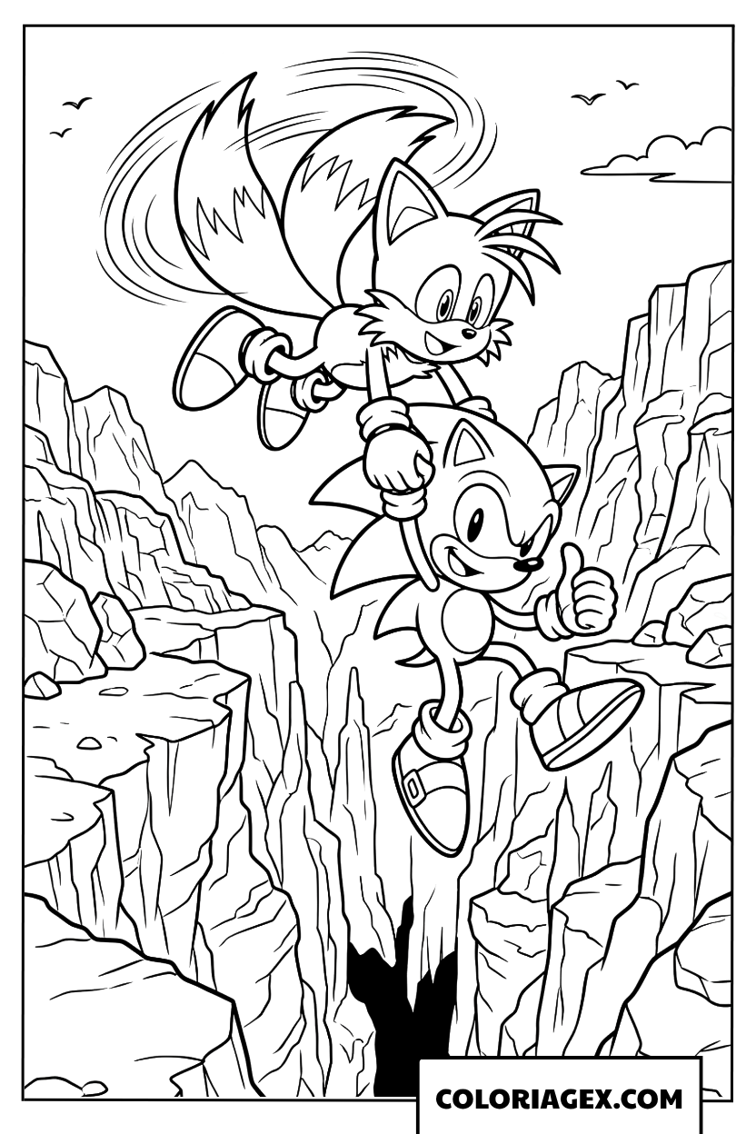 Coloriage Tails volant avec Sonic au dessus du canyon