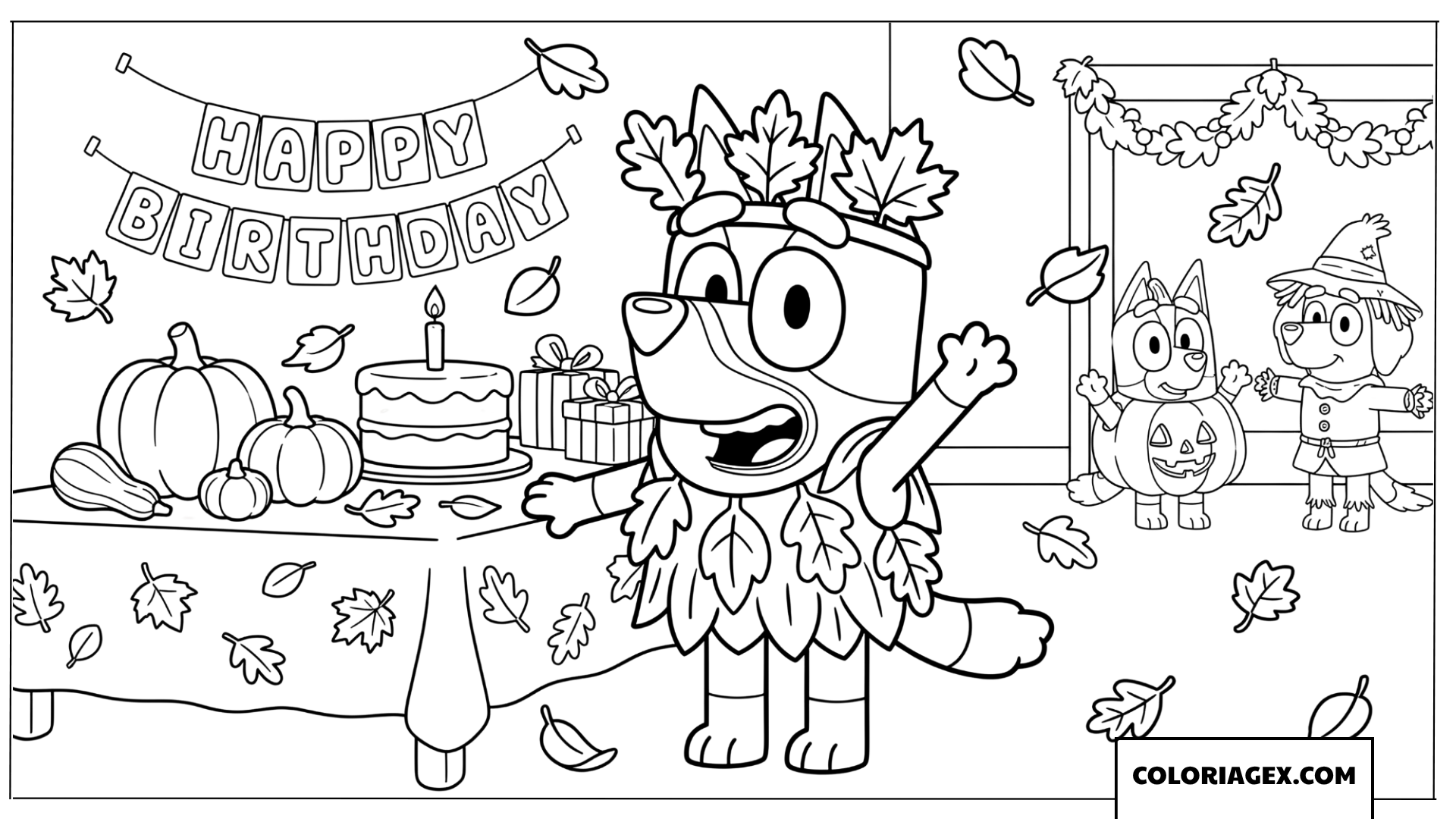 Coloriage anniversaire de Bluey avec des feuilles d automne