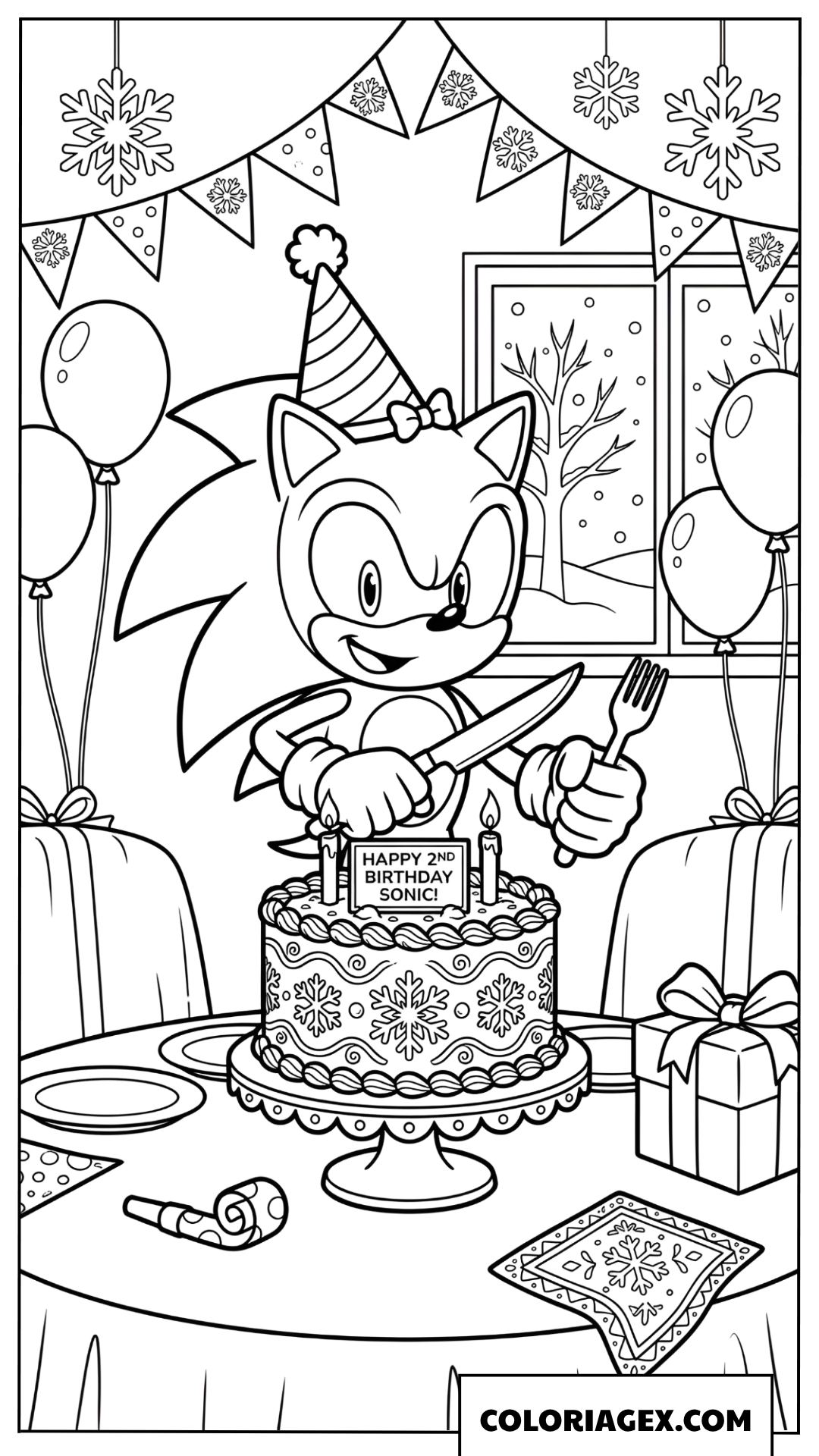Coloriage anniversaire dhiver de Sonic avec gateau enneige