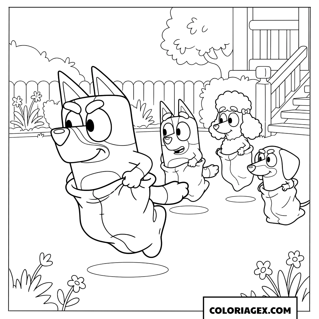 Coloriage course de sacs à la fête d'anniversaire de Bluey