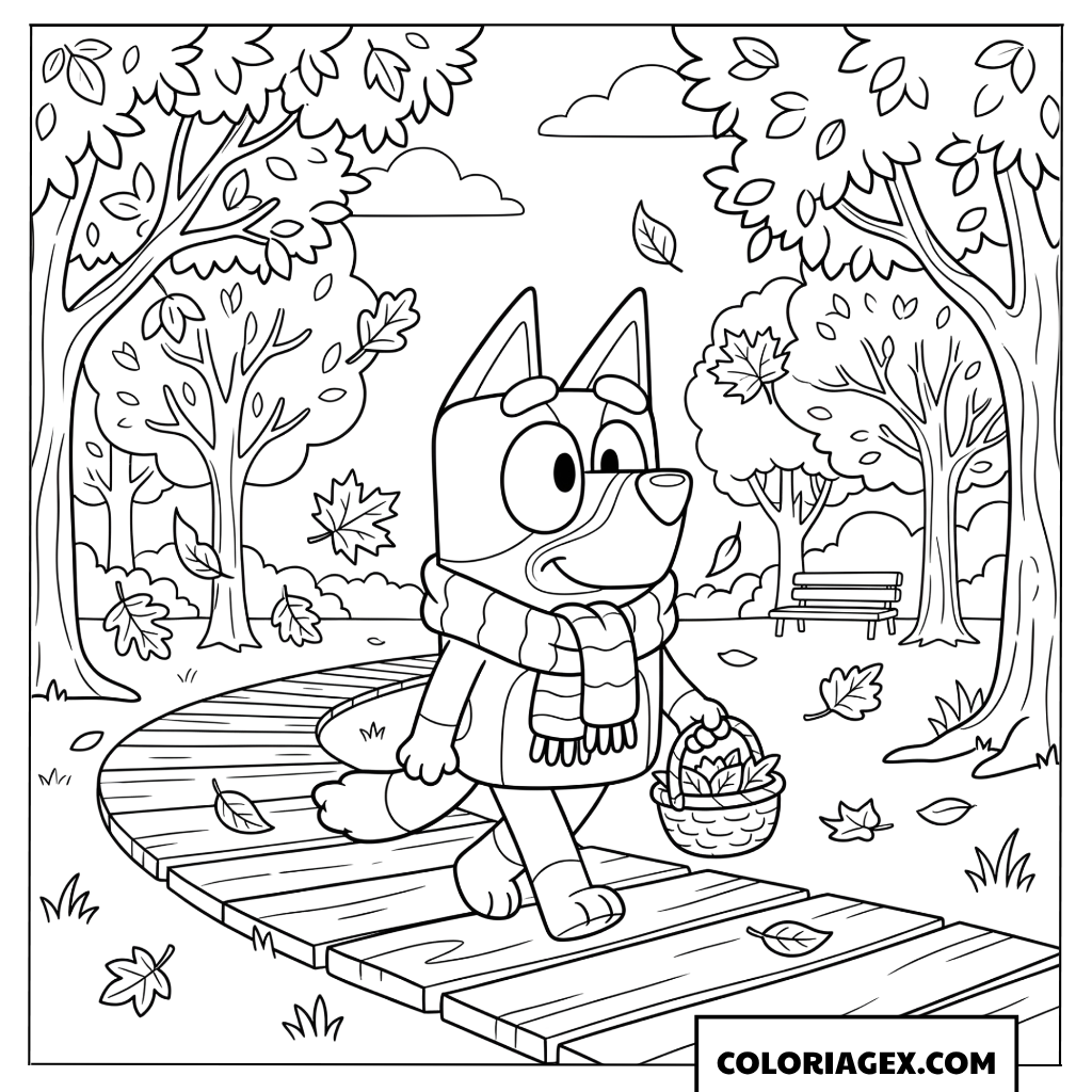 Coloriage de Bluey avec une écharpe marchant sous les feuilles