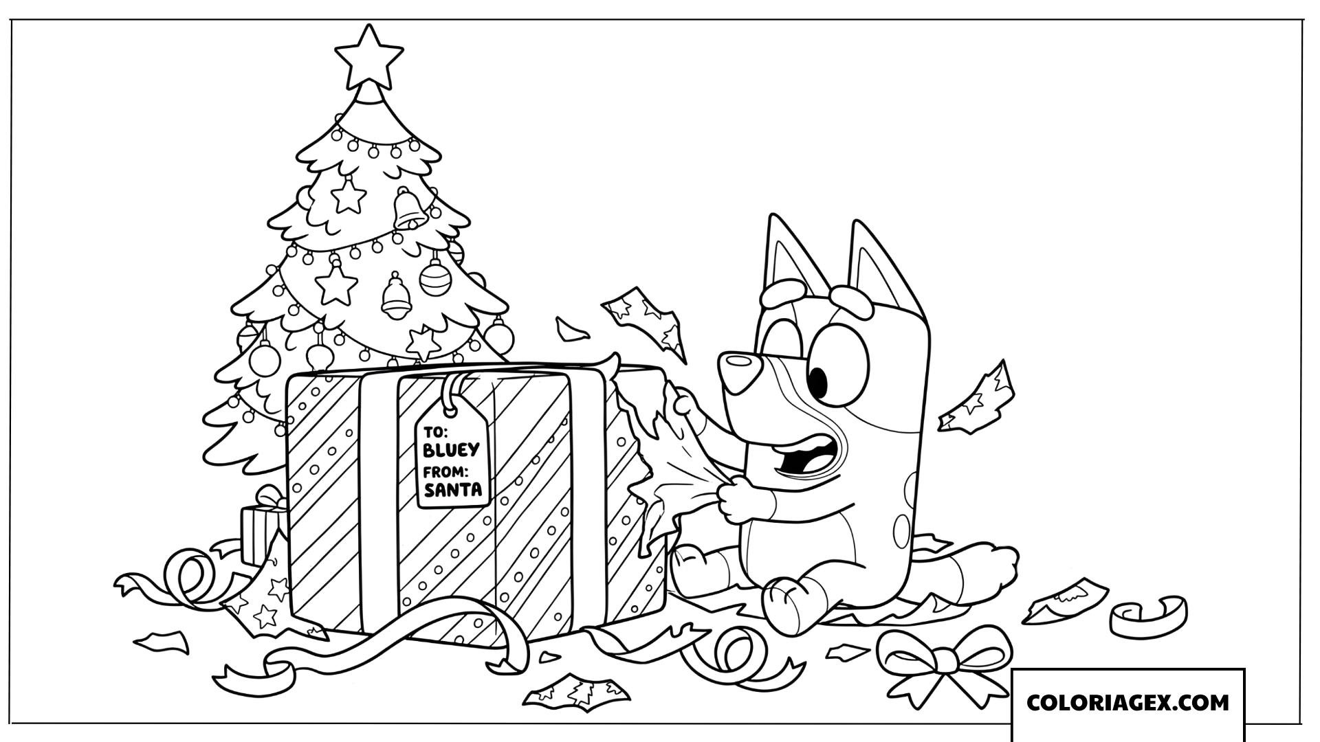 Coloriage de Bluey déballant son grand cadeau de Noël