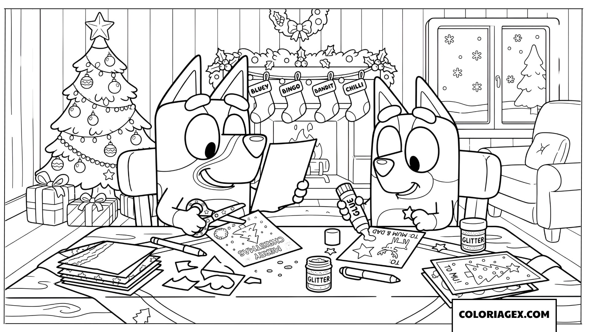 Coloriage de Bluey et Bingo fabriquant des cartes de Noël